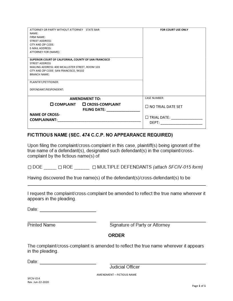 Amendment-Fictitious Name {SFCIV-014} | Pdf Fpdf Docx | California