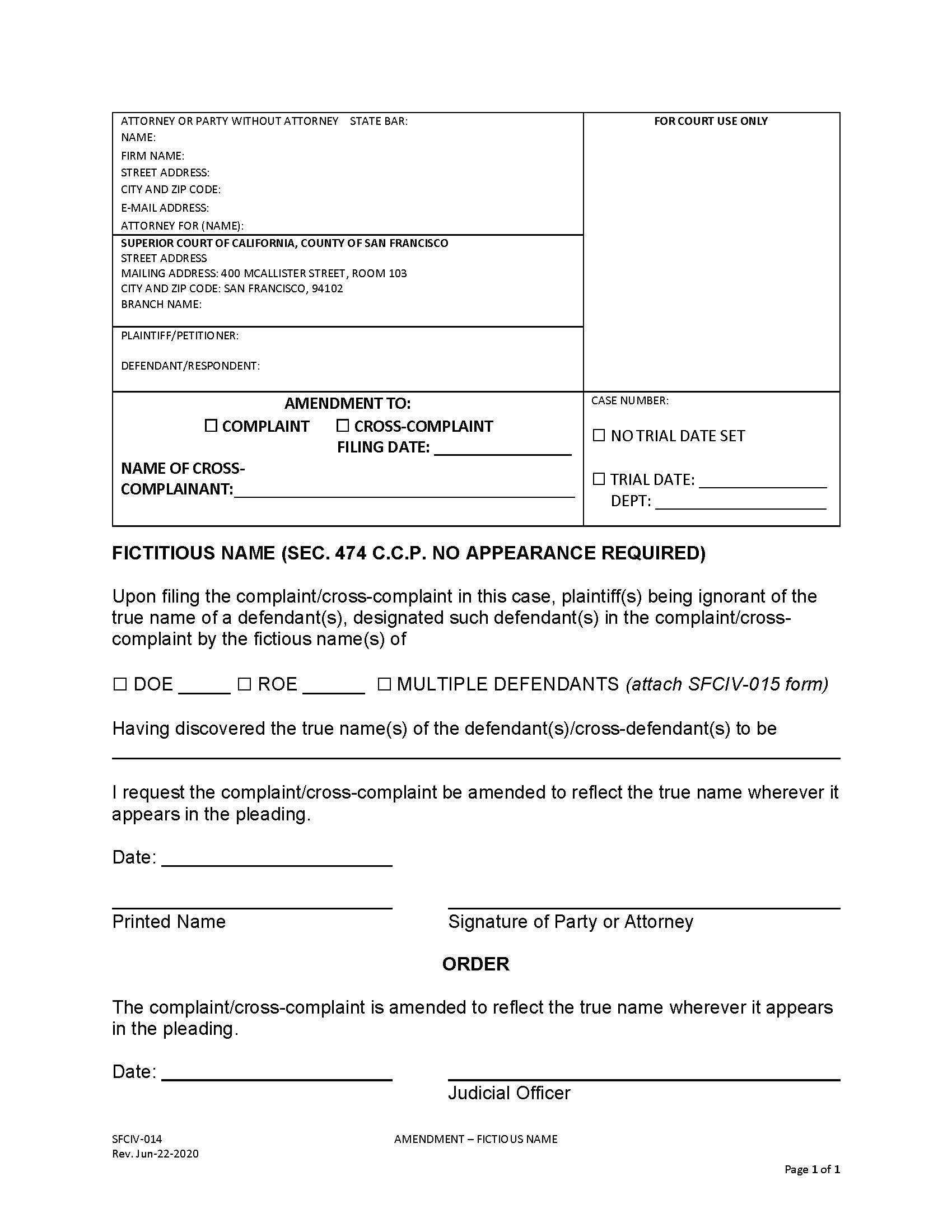Amendment-Fictitious Name {SFCIV-014} | Pdf Fpdf Docx | California