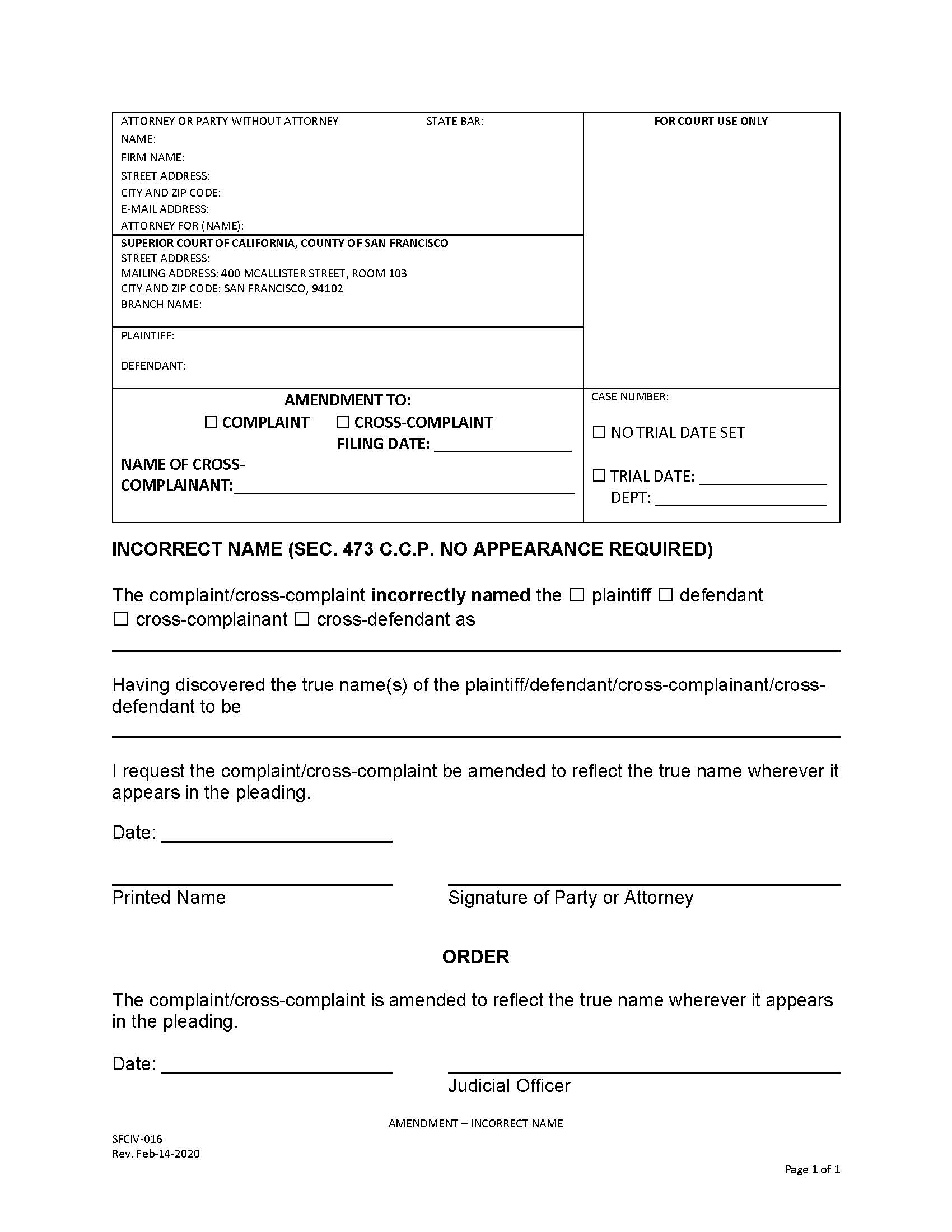 Amendment-Incorrect Name {SFCIV-016} | Pdf Fpdf Doc Docx | California