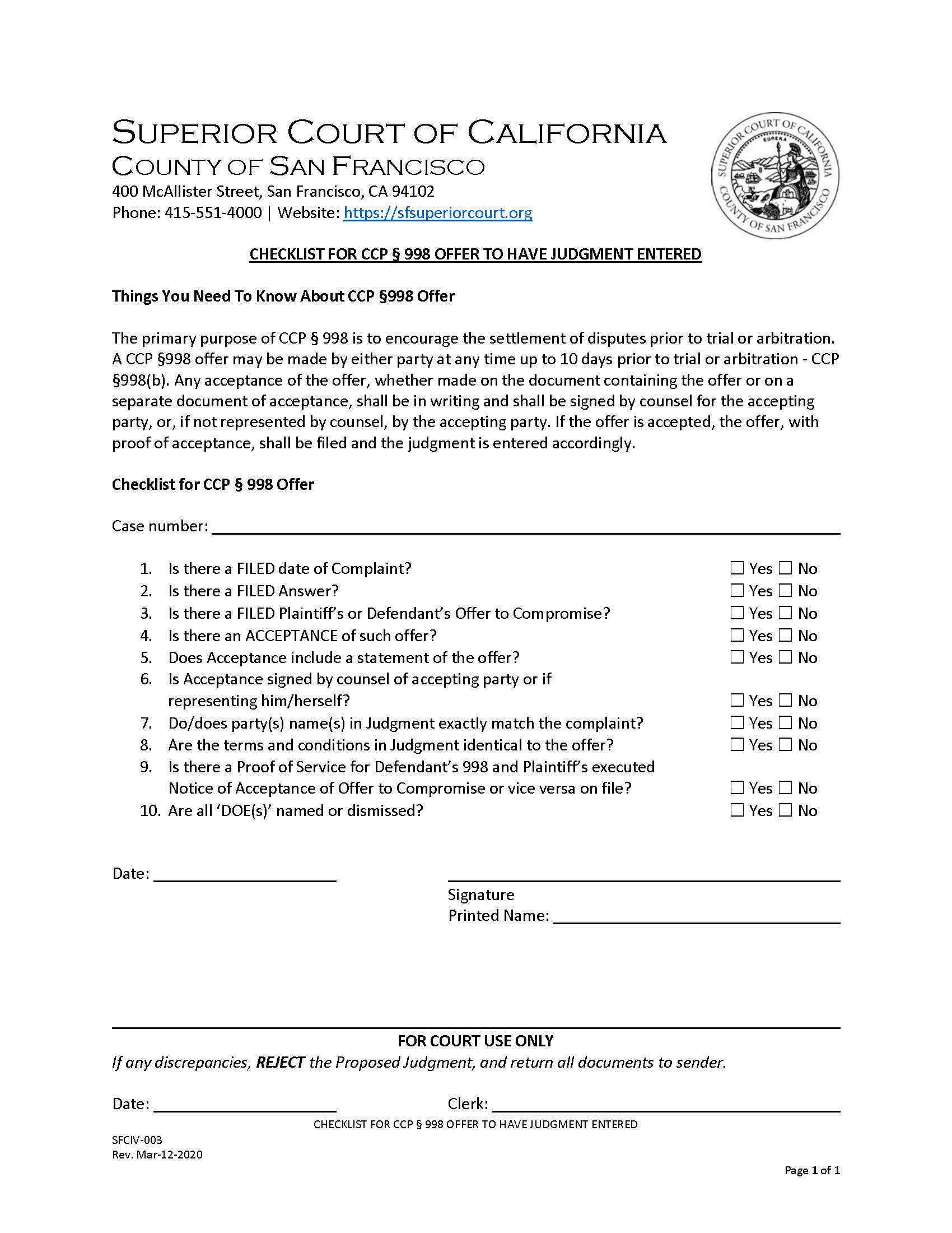 CCP Offer To Have Judgment Entered {SFCIV-003} | Pdf Fpdf Doc Docx | California