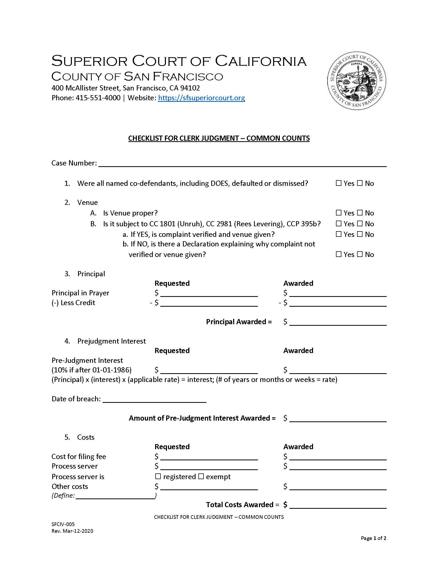 Checklist For Clerk Judgment-Common Counts {SFCIV-005} | Pdf Fpdf Doc Docx | California