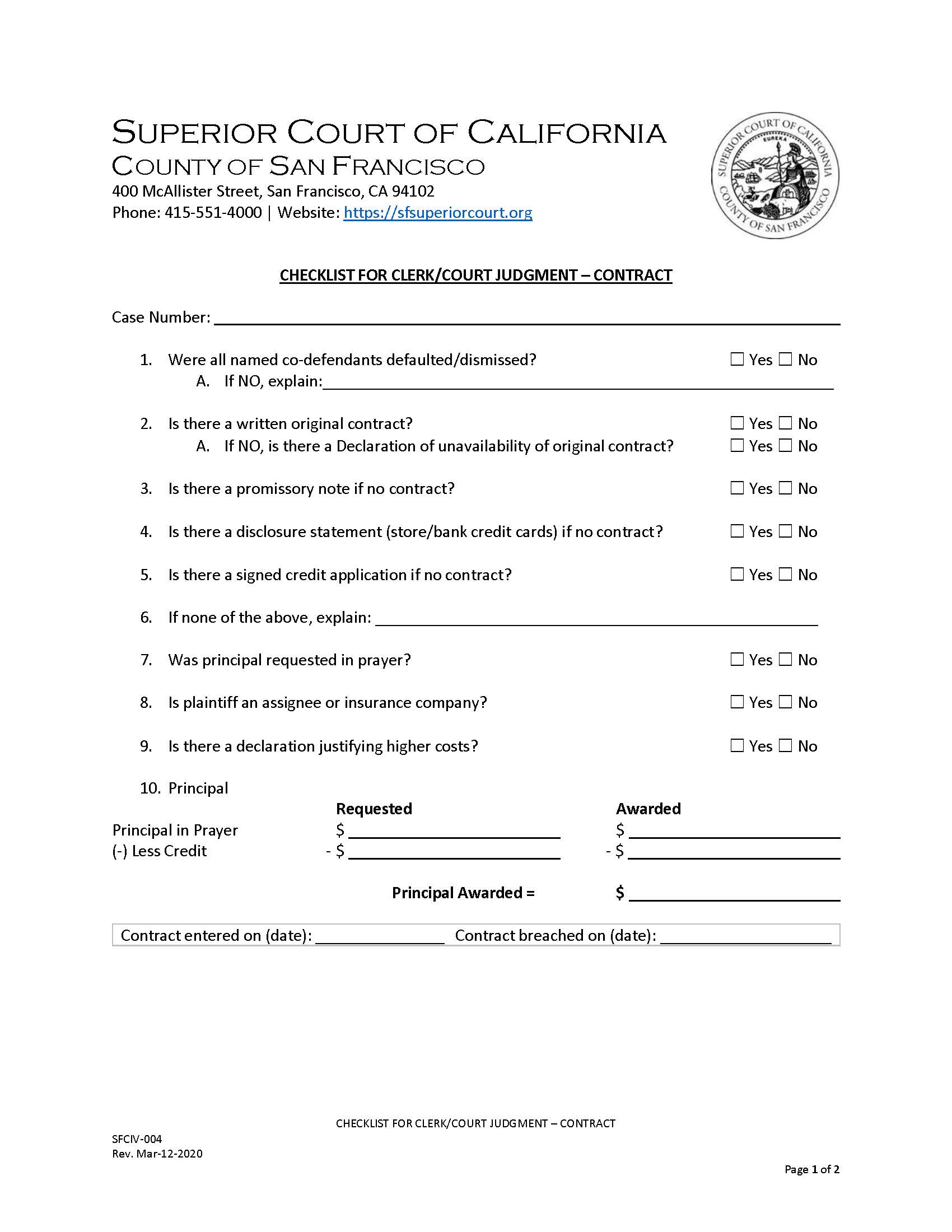 Checklist For Clerk-Court Judgment-Contract {SFCIV-004} | Pdf Fpdf Doc Docx | California