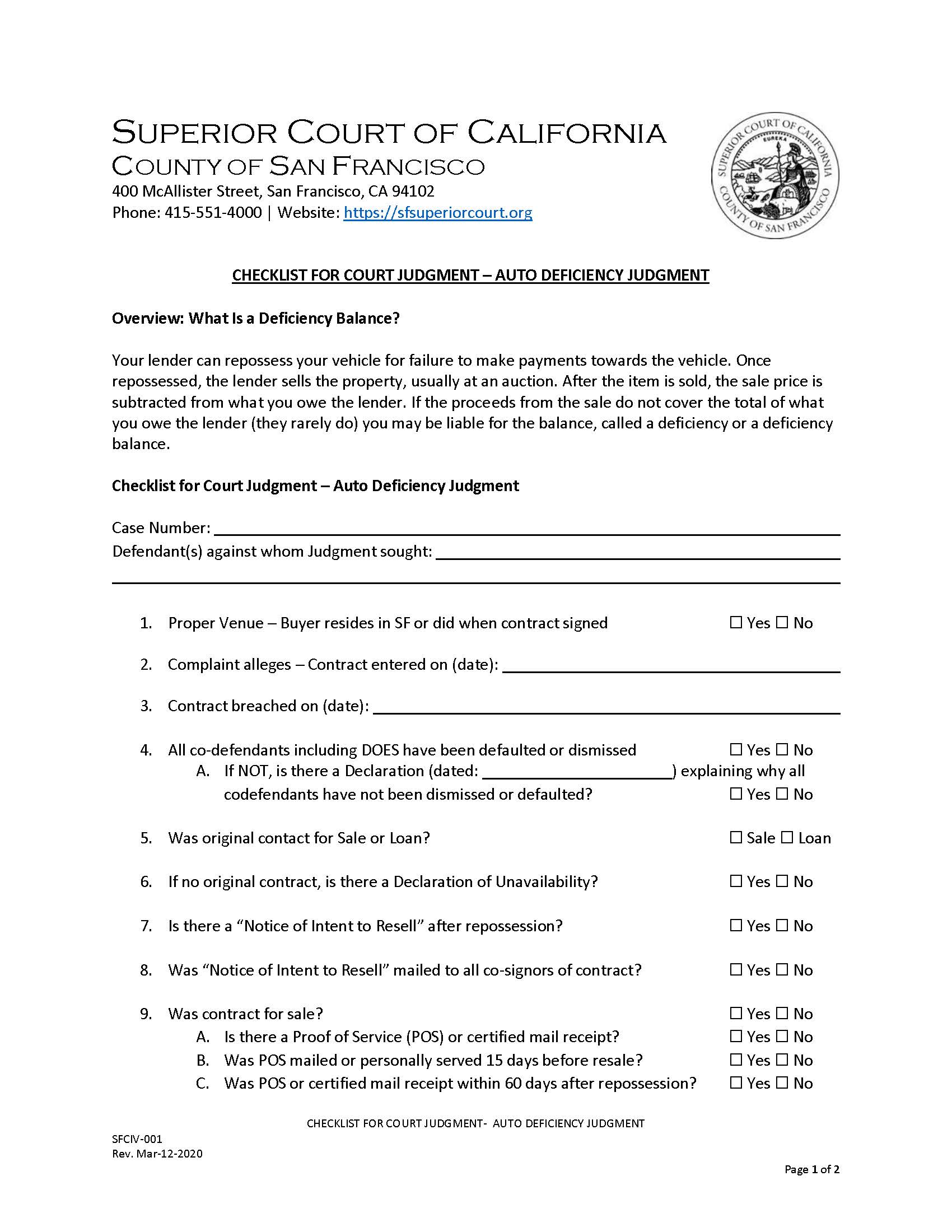 Checklist For Court Judgment-Auto Deficiency {SFCIV-001} | Pdf Fpdf Docx | California
