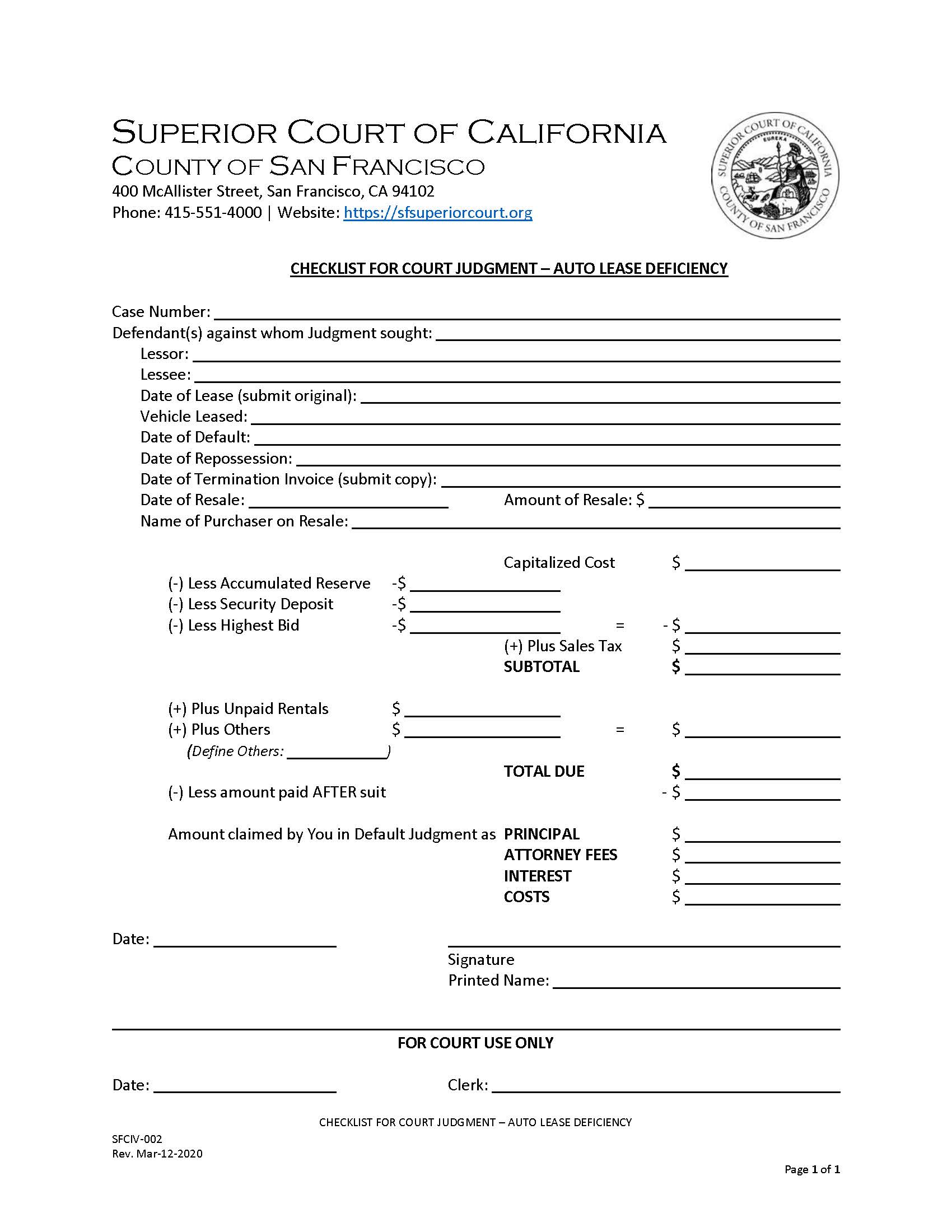 Checklist For Court Judgment-Auto Lease Deficiency {SFCIV-002} | Pdf Fpdf Doc Docx | California