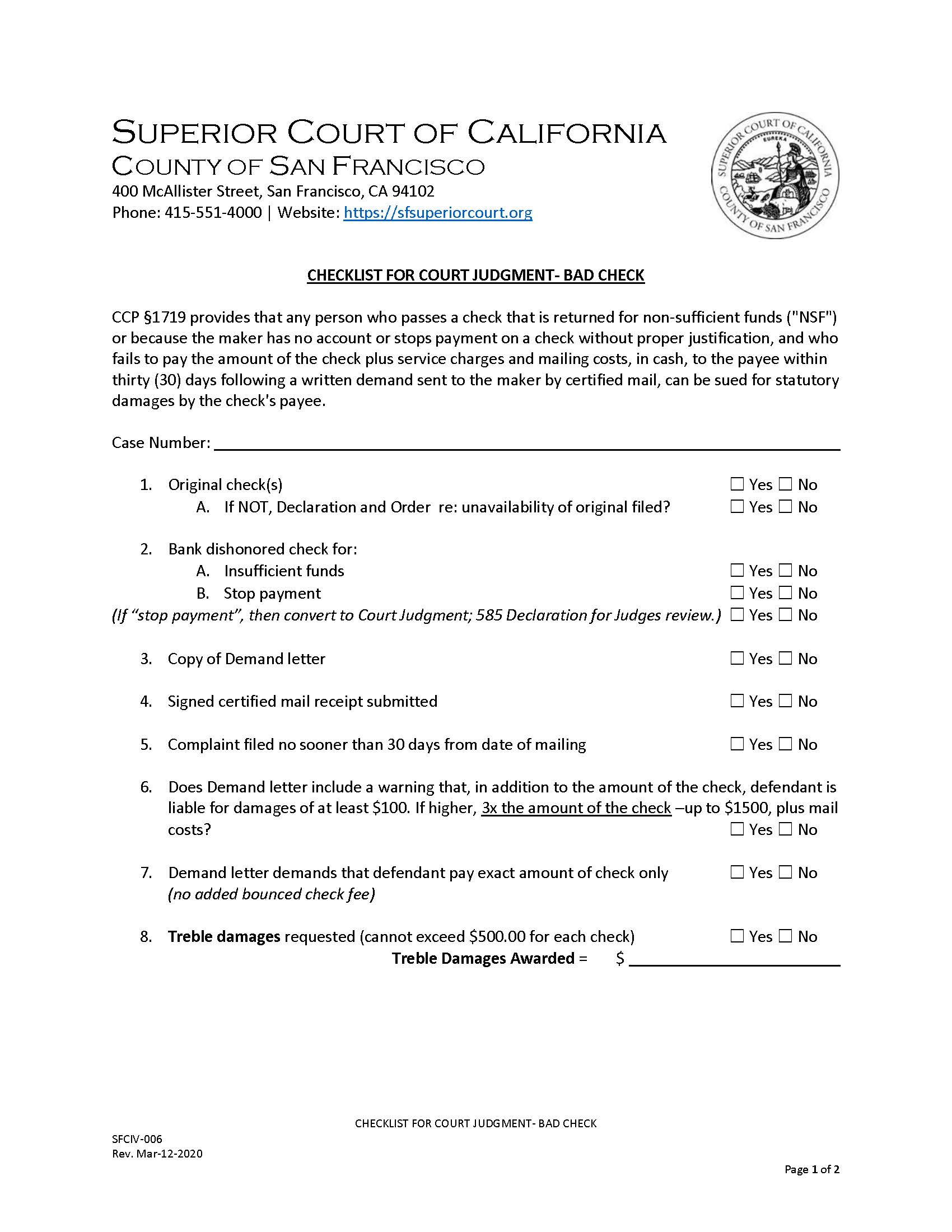 Checklist For Court Judgment-Bad Check {SFCIV-006} | Pdf Fpdf Doc Docx | California