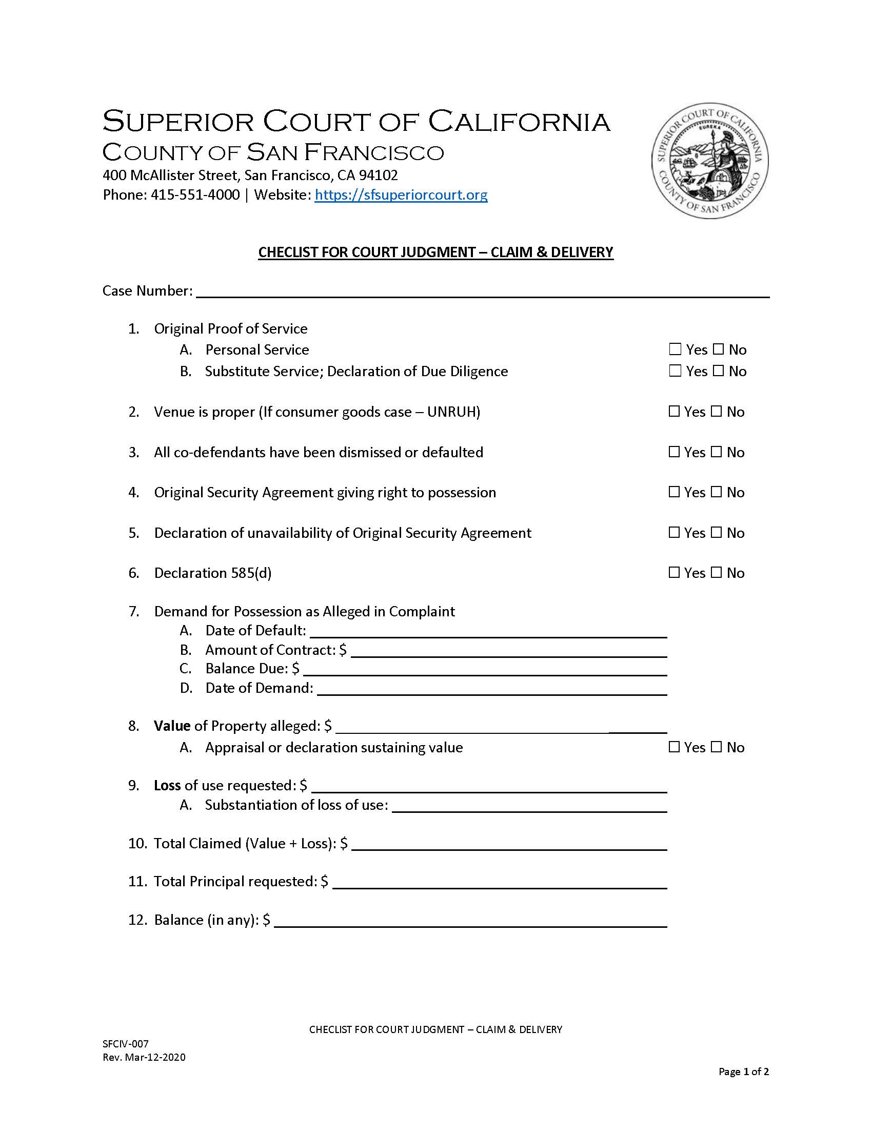 Checklist For Court Judgment-Claim And Delivery {SFCIV-007} | Pdf Fpdf Doc Docx | California