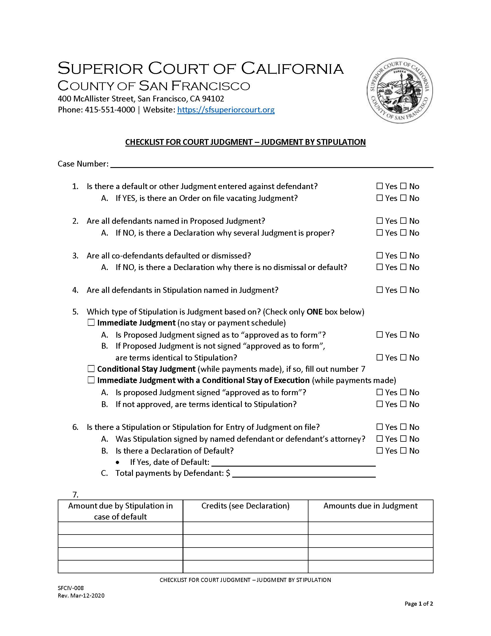 Checklist For Court Judgment-Judgment By Stipulation {SFCIV-008} | Pdf Fpdf Doc Docx | California