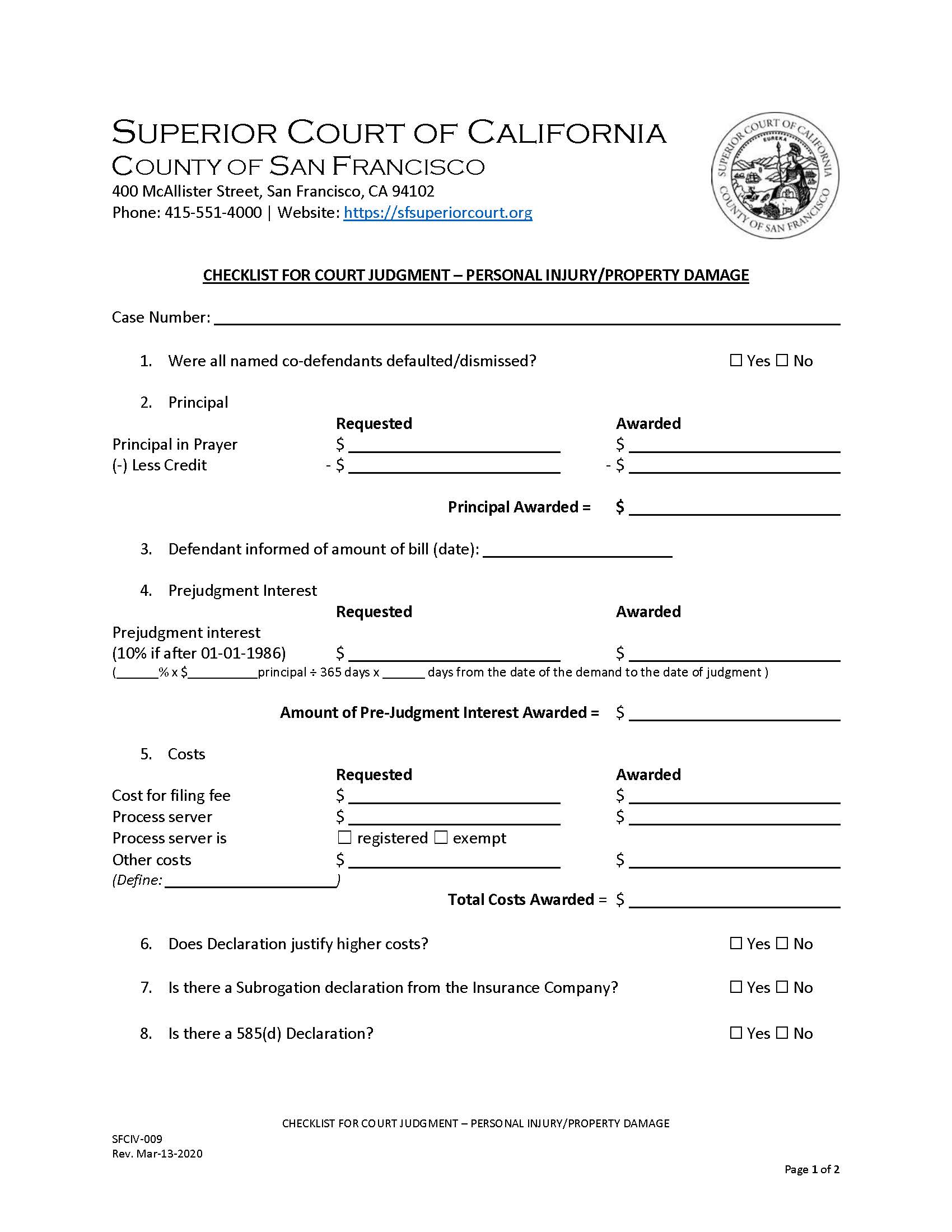 Checklist For Court Judgment-Personal Injury Property Damage {SFCIV-009} | Pdf Fpdf Doc Docx | California