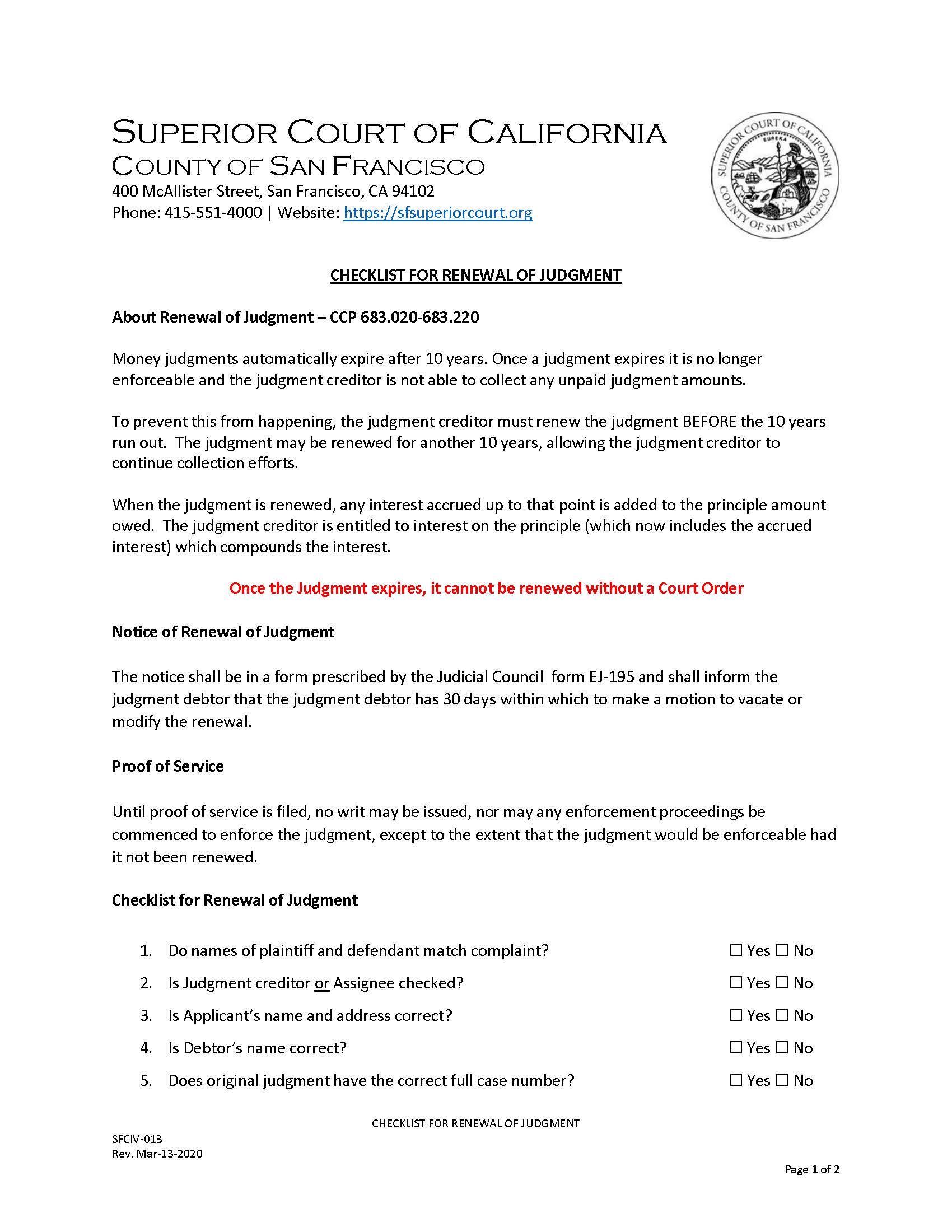 Checklist For Renewal Of Judgment {SFCIV-013} | Pdf Fpdf Doc Docx | California