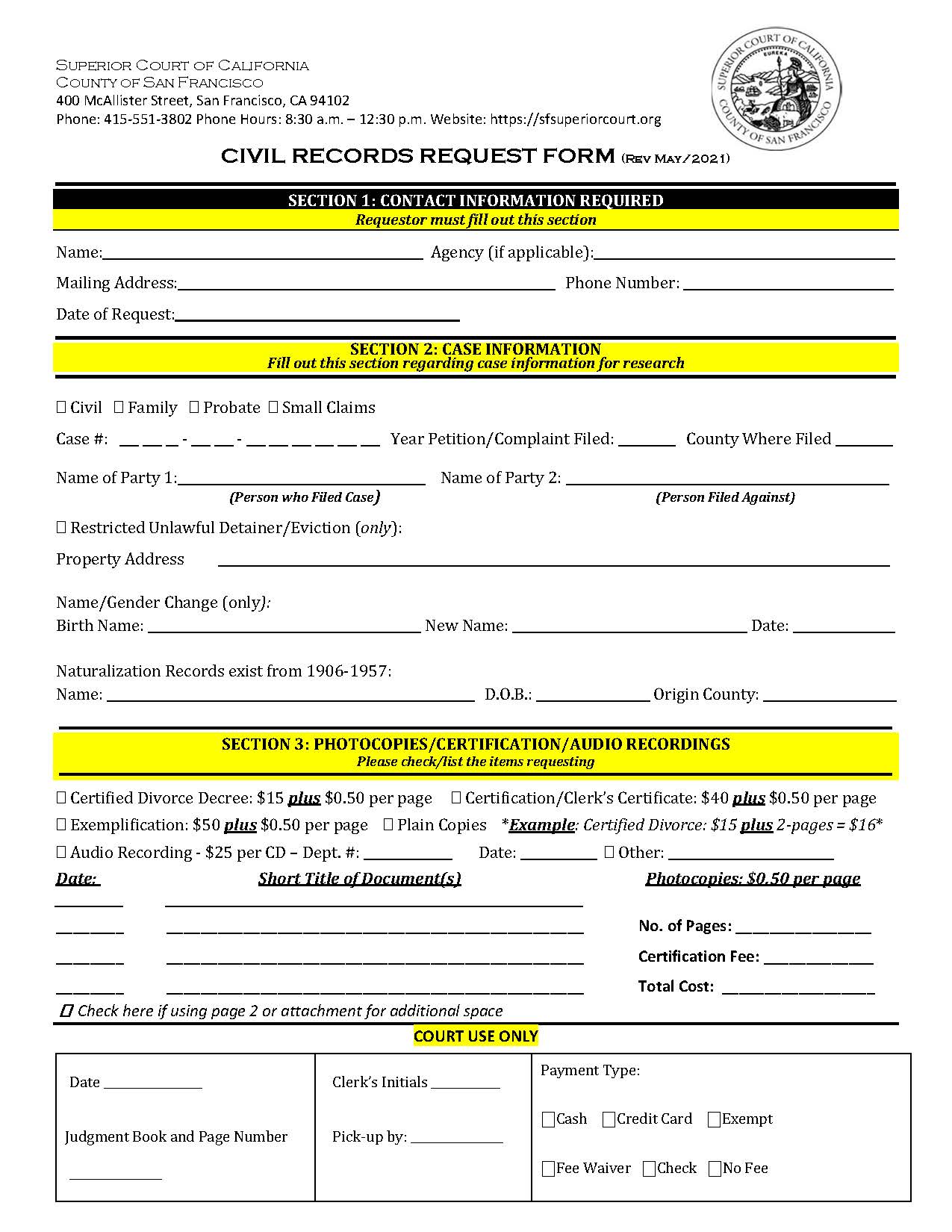 Civil Record Request Form {SFCIV-031} | Pdf Fpdf Docx | California