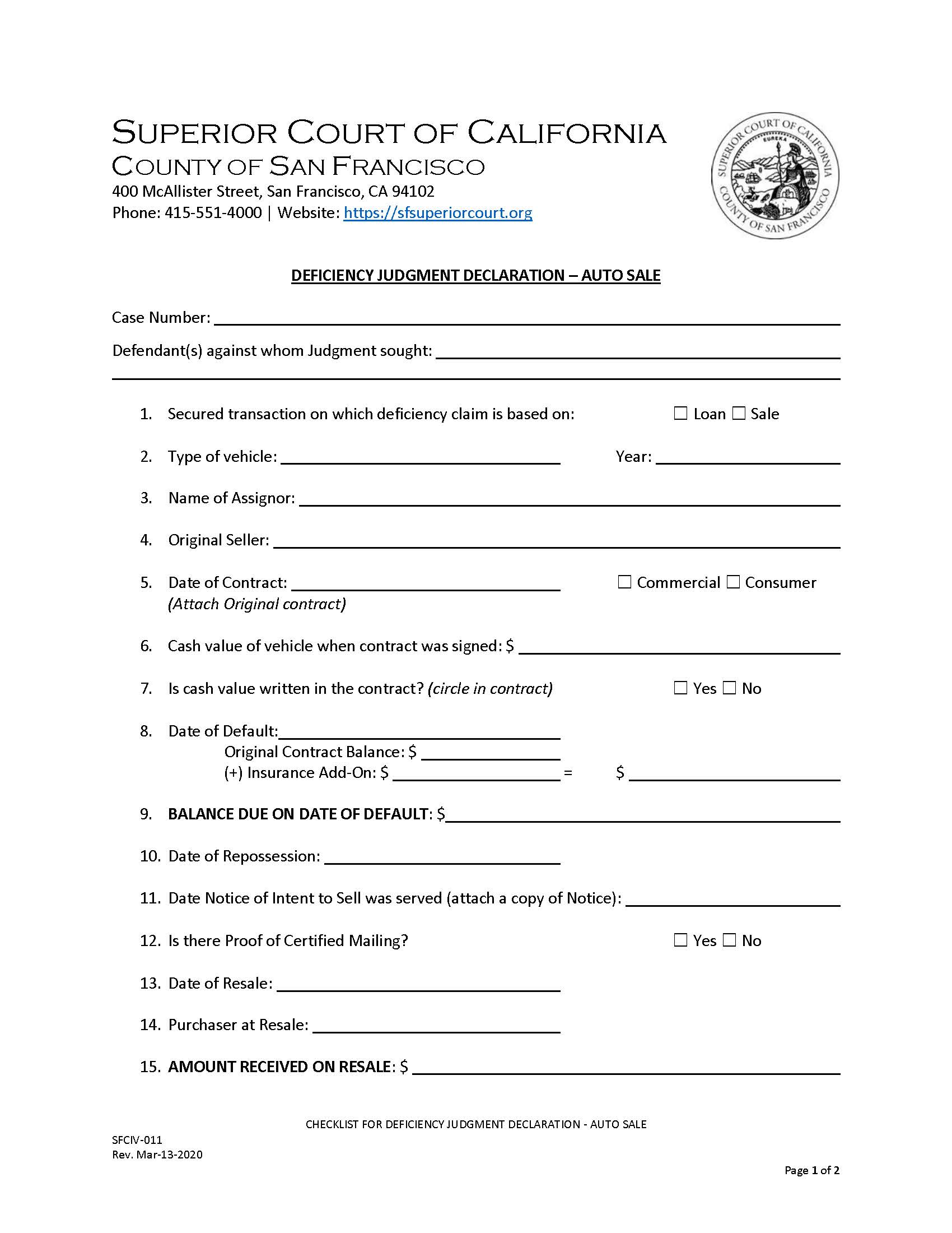 Deficiency Declaration-Auto Sale {SFCIV-011} | Pdf Fpdf Doc Docx | California