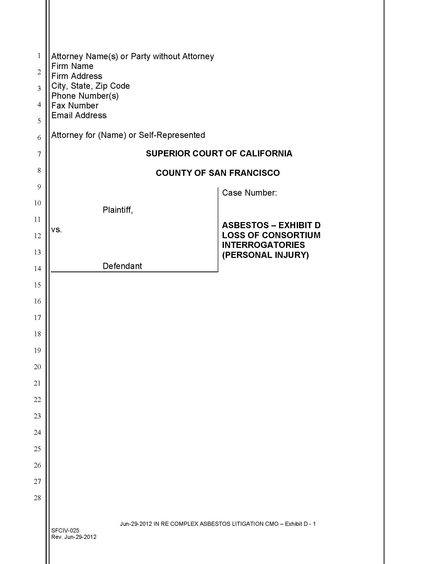 Exhibit D Loss Of Consortium Interrogatories (Personal Inury) {SFCIV-025} | Pdf Fpdf Docx | California