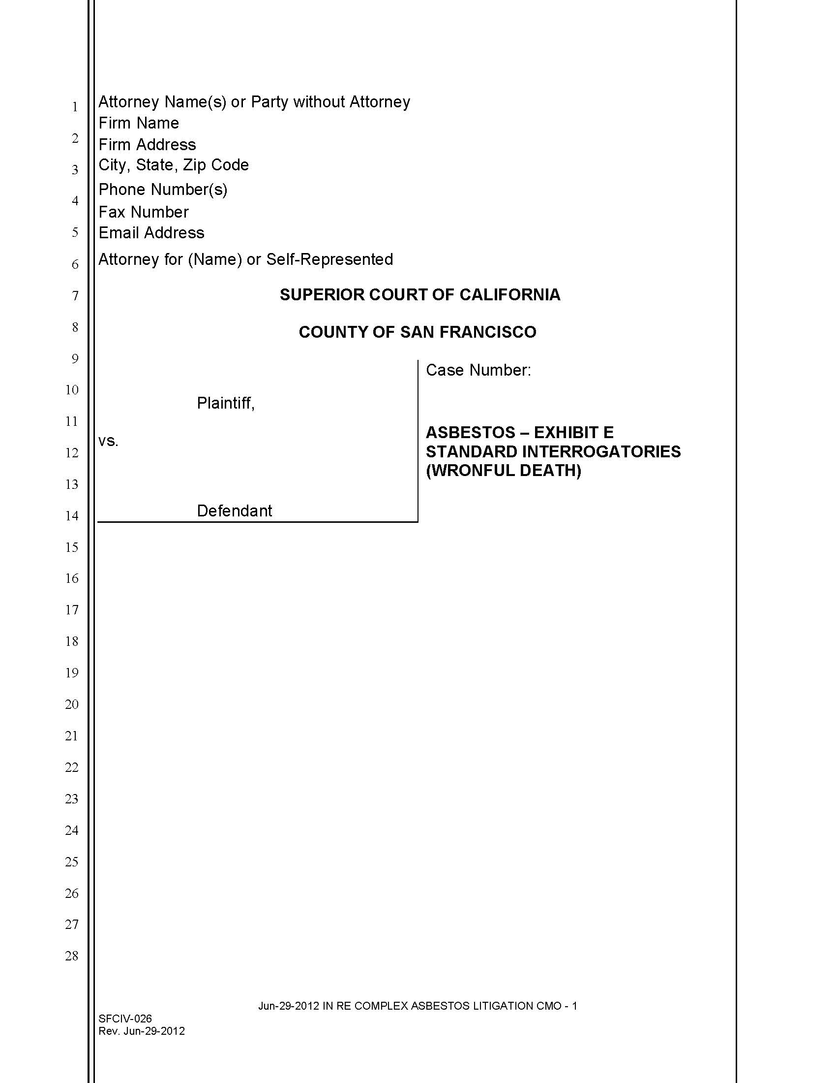 Exhibit E Standard Interrogatories (Wrongful Death) {SFCIV-026} | Pdf Fpdf Docx | California
