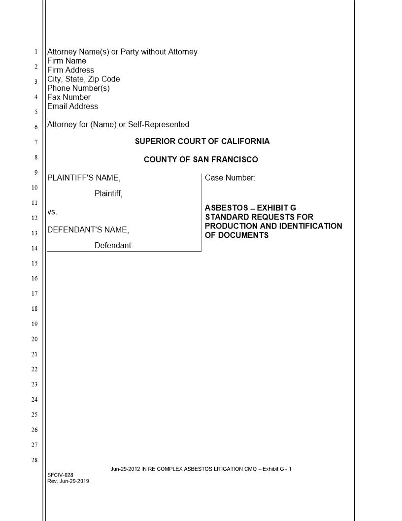Exhibit G Standard Requests For Production Identification Of Documents {SFCIV-028} | Pdf Fpdf Docx | California