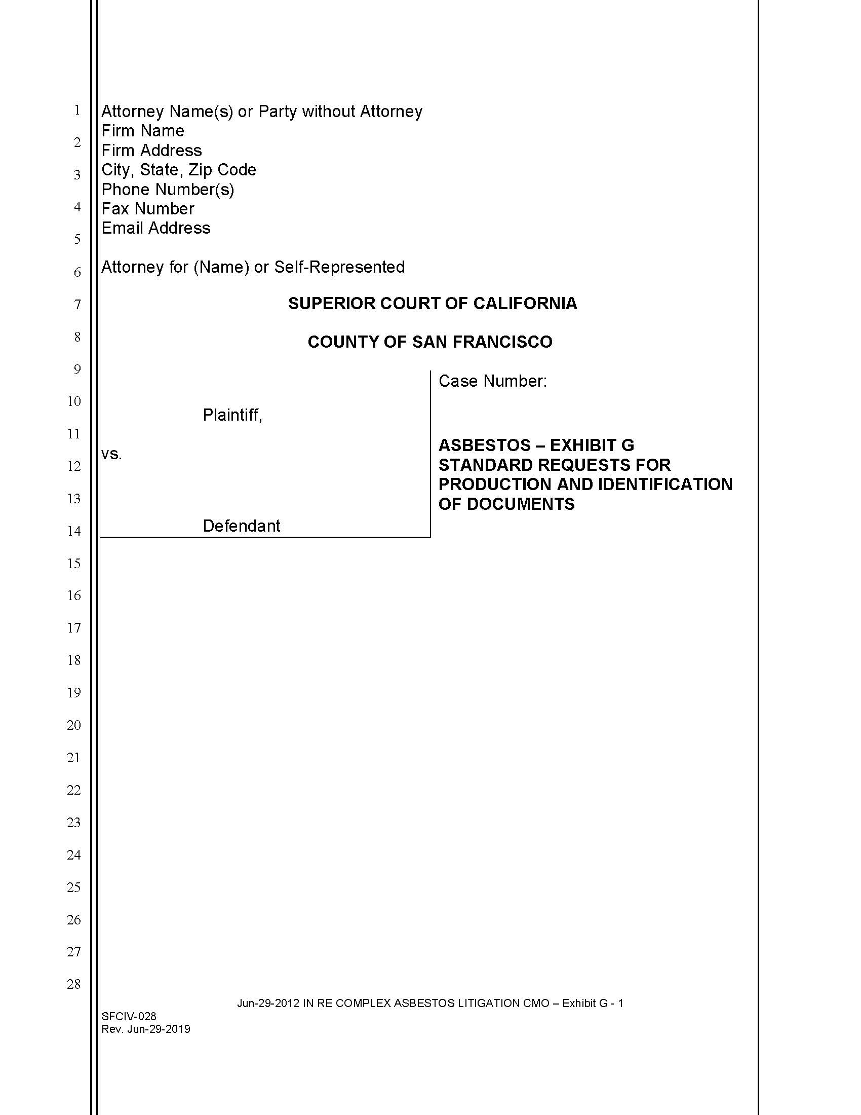 Exhibit G Standard Requests For Production Identification Of Documents {SFCIV-028} | Pdf Fpdf Docx | California