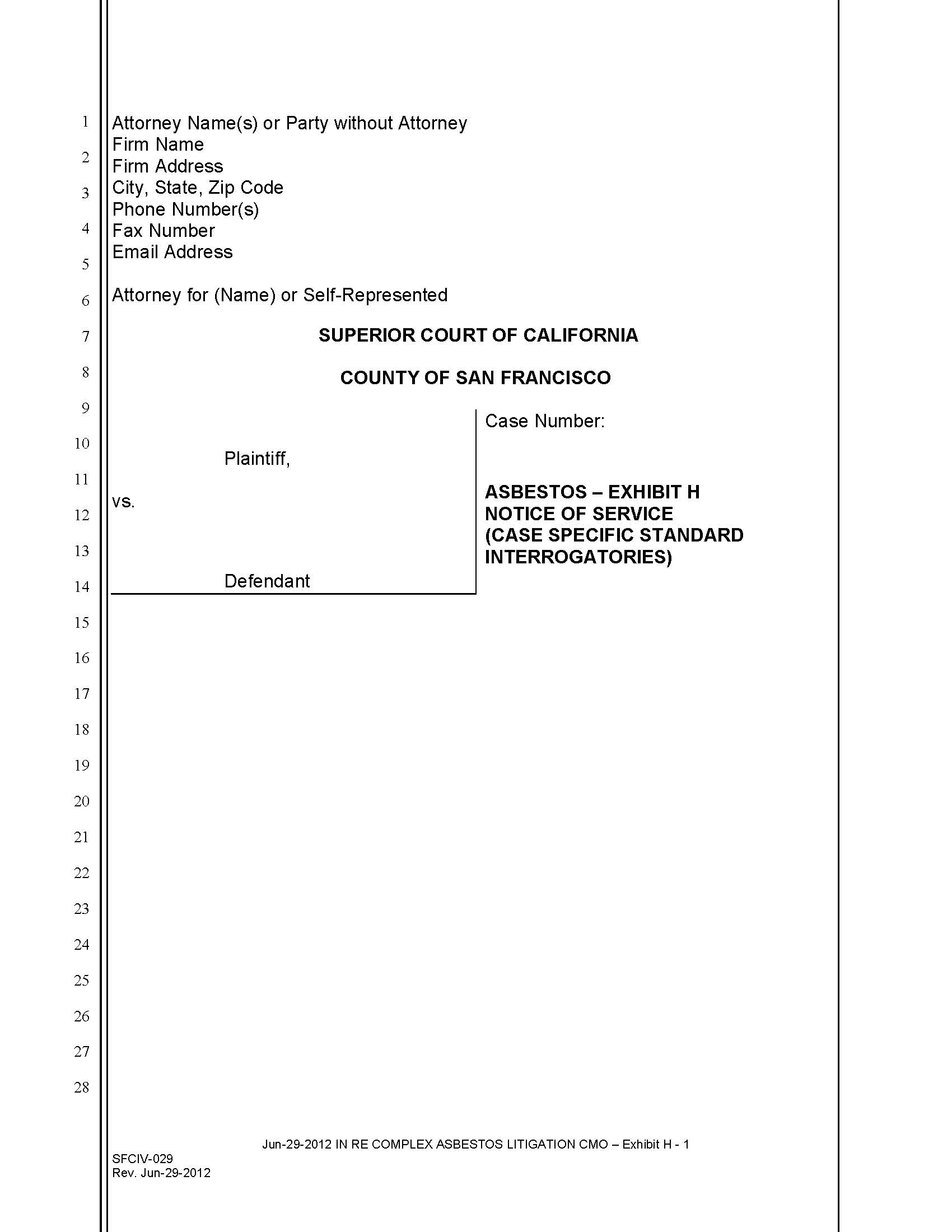 Exhibit H Notice of Service (Case Specific Standard Interrogatories) {SFCIV-029} | Pdf Fpdf Docx | California