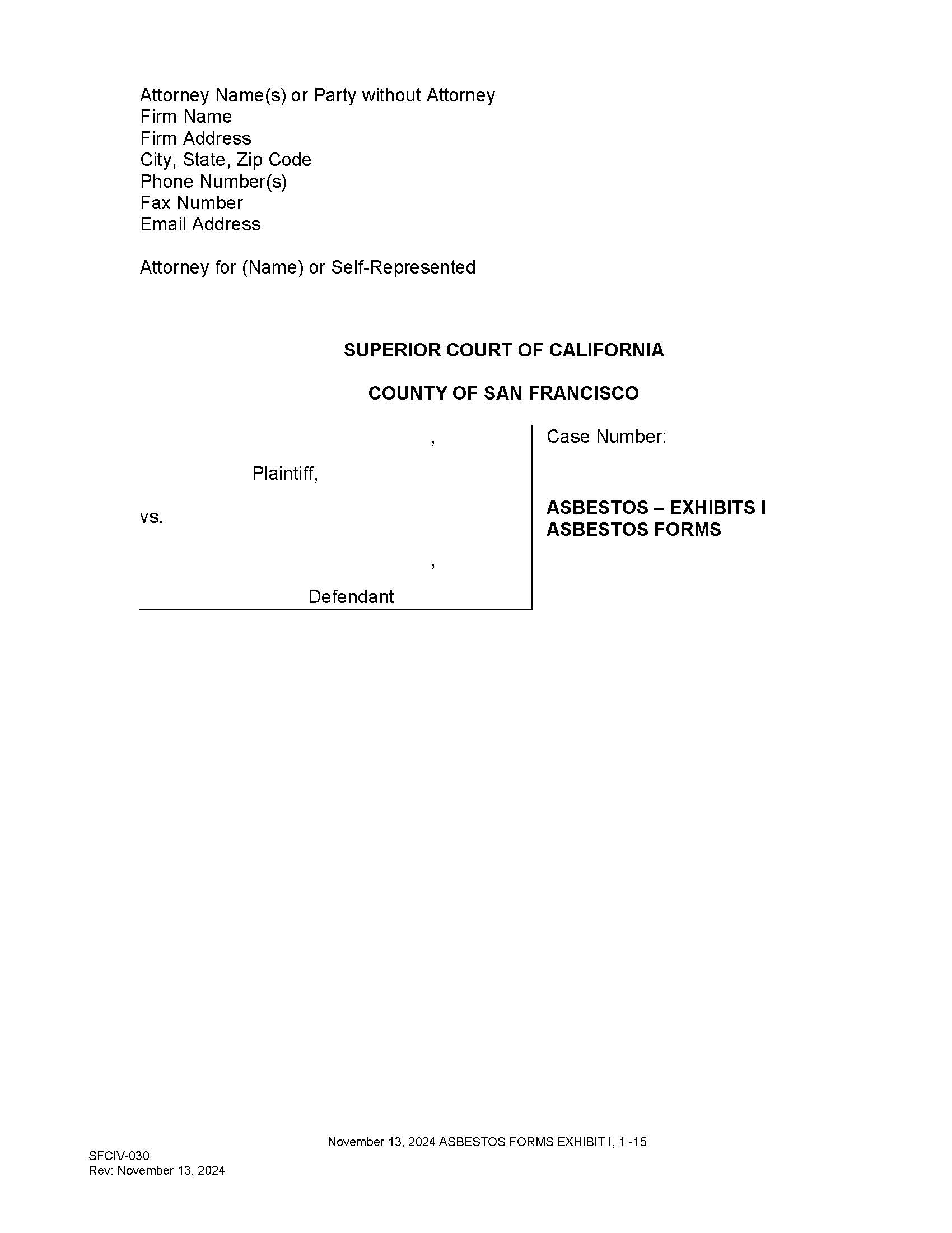 Exhibit I Asbestos Forms {SFCIV-030} | Pdf Fpdf Docx | California