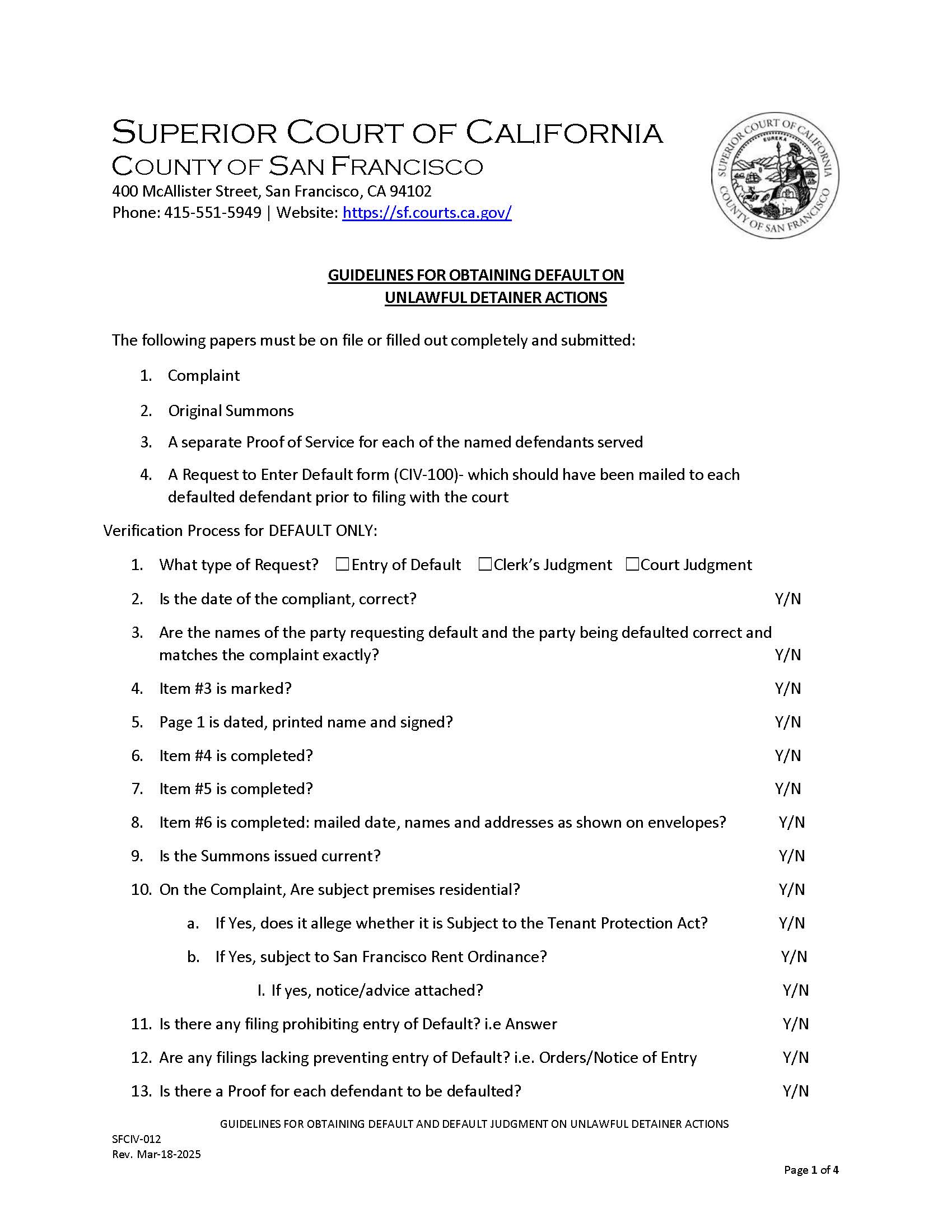 Guidelines For Obtaining Default On UD {SFCIV-012} | Pdf Fpdf Doc Docx | California