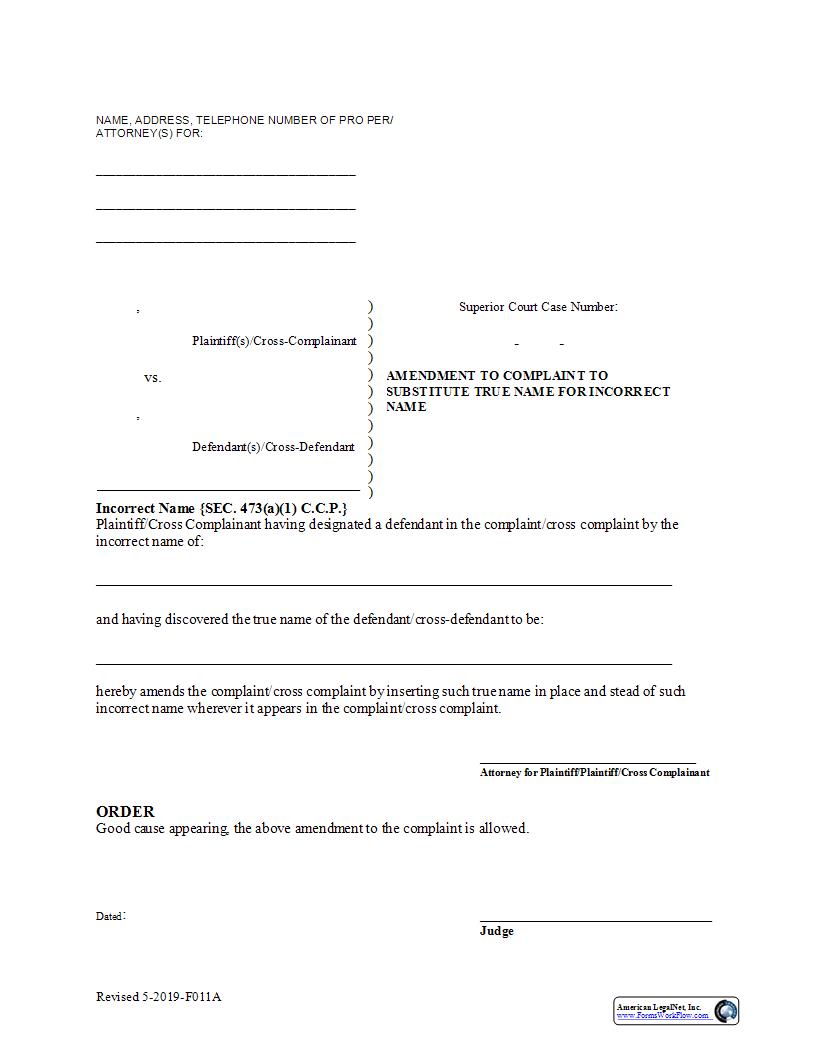 Incorrect Name Form (Amendment To Complaint To Substitute True Name) {F011} | Pdf Fpdf Docx | California