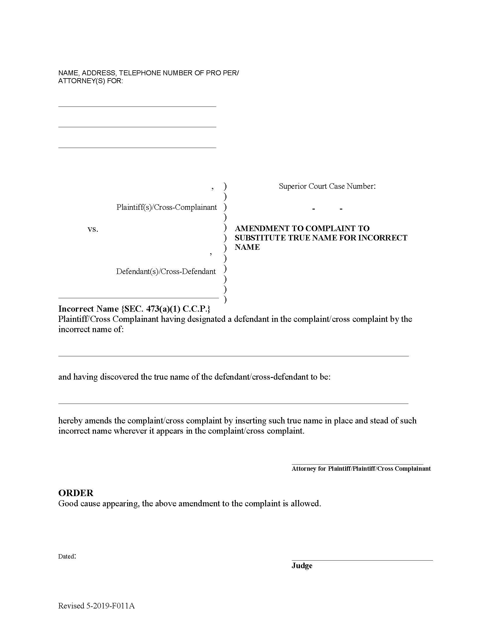 Incorrect Name Form (Amendment To Complaint To Substitute True Name) {F011} | Pdf Fpdf Docx | California