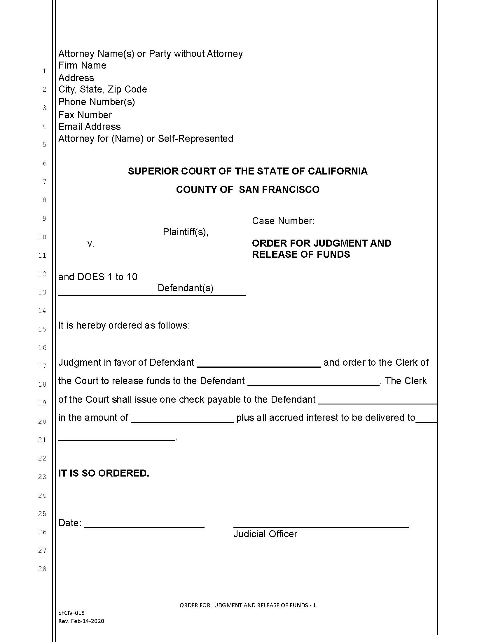 Order For Release Of Funds {SFCIV-018} | Pdf Fpdf Doc Docx | California