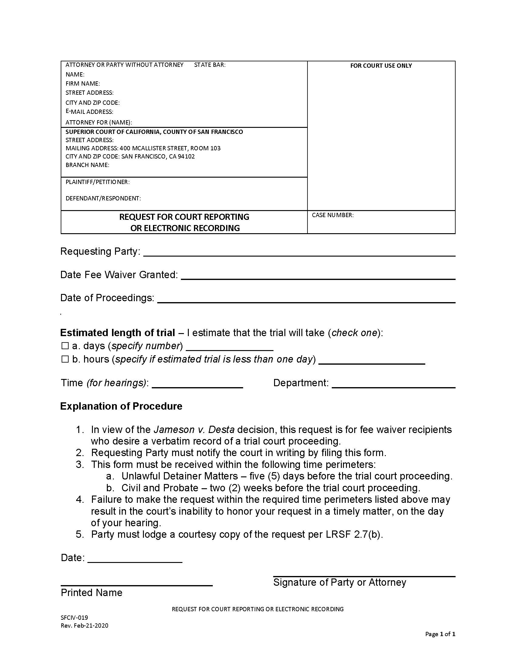 Request For Court Reporting Or Electronic Recording {SFCIV-019} | Pdf Fpdf Docx | California