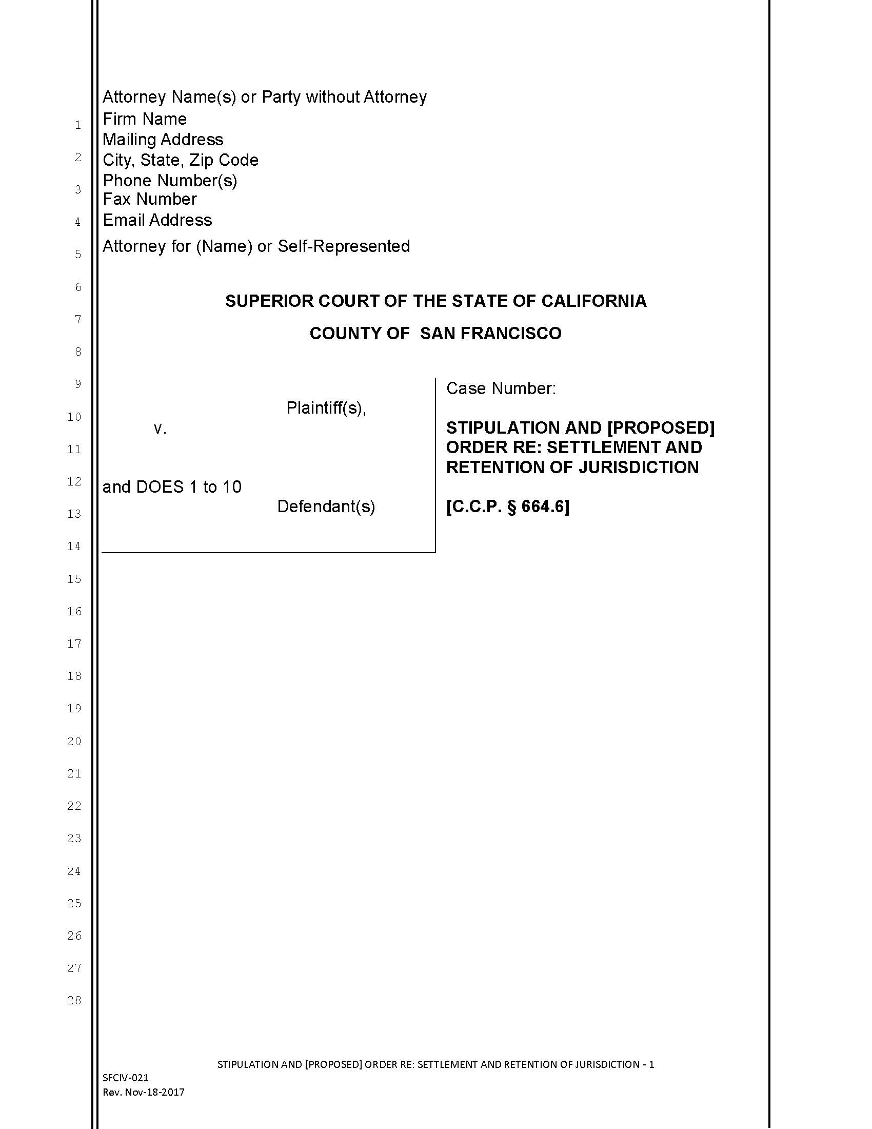 Stipulation And Proposed Order Re Settlement And Retention Of Jurisdiction {SFCIV-021} | Pdf Fpdf Docx | California