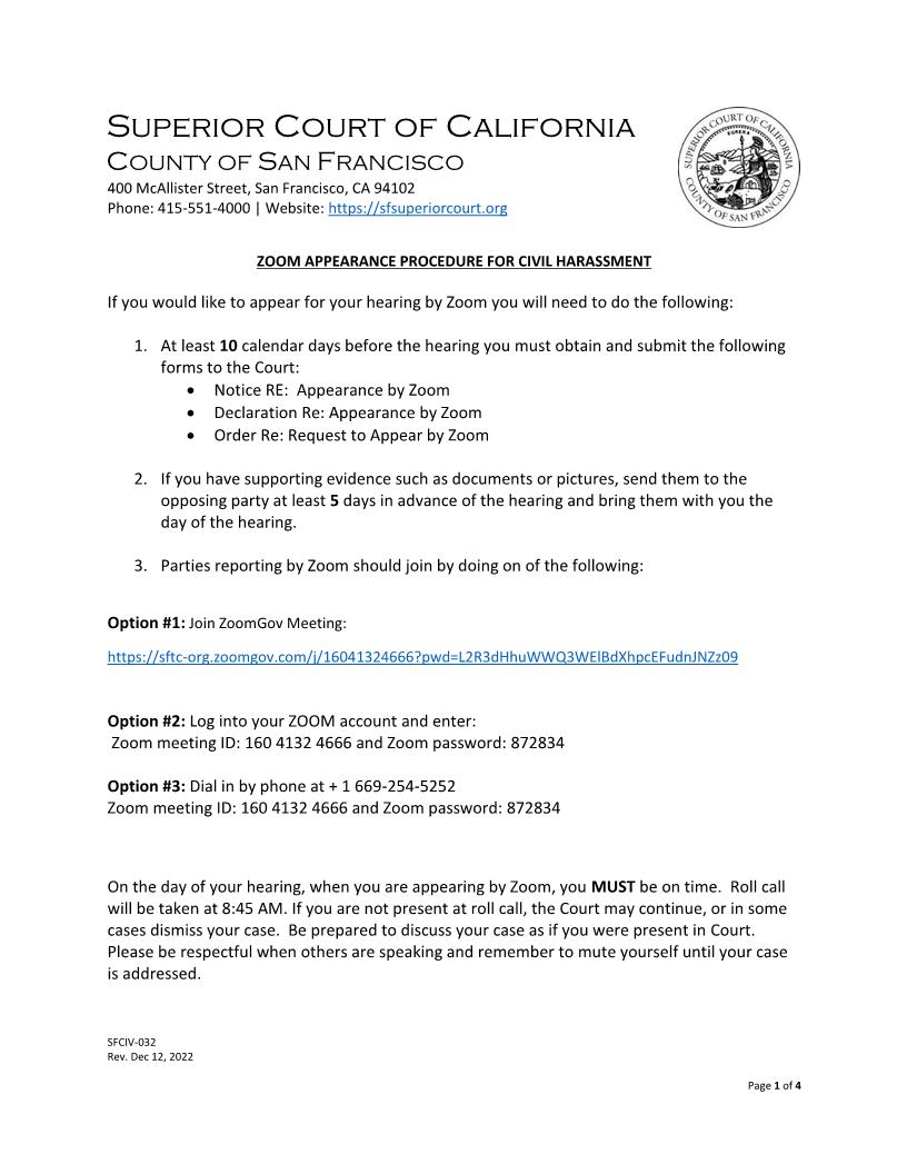 Zoom Appearance Procedure For Civil Harassment {SFCIV-032} | Pdf Fpdf Docx | California