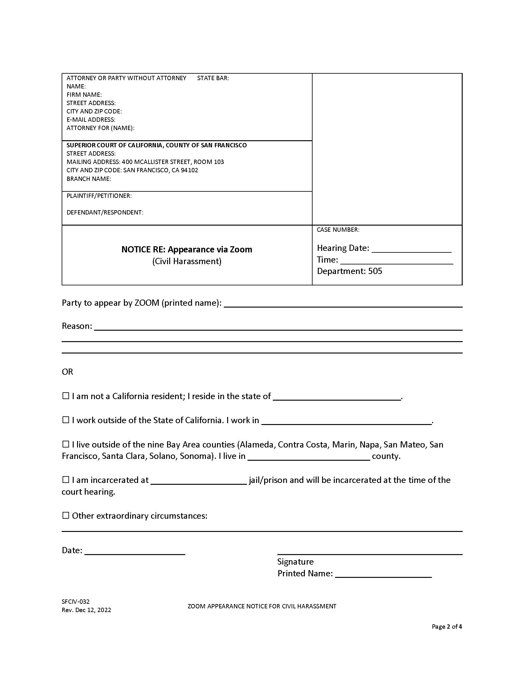 Zoom Appearance Procedure For Civil Harassment {SFCIV-032} | Pdf Fpdf Docx | California