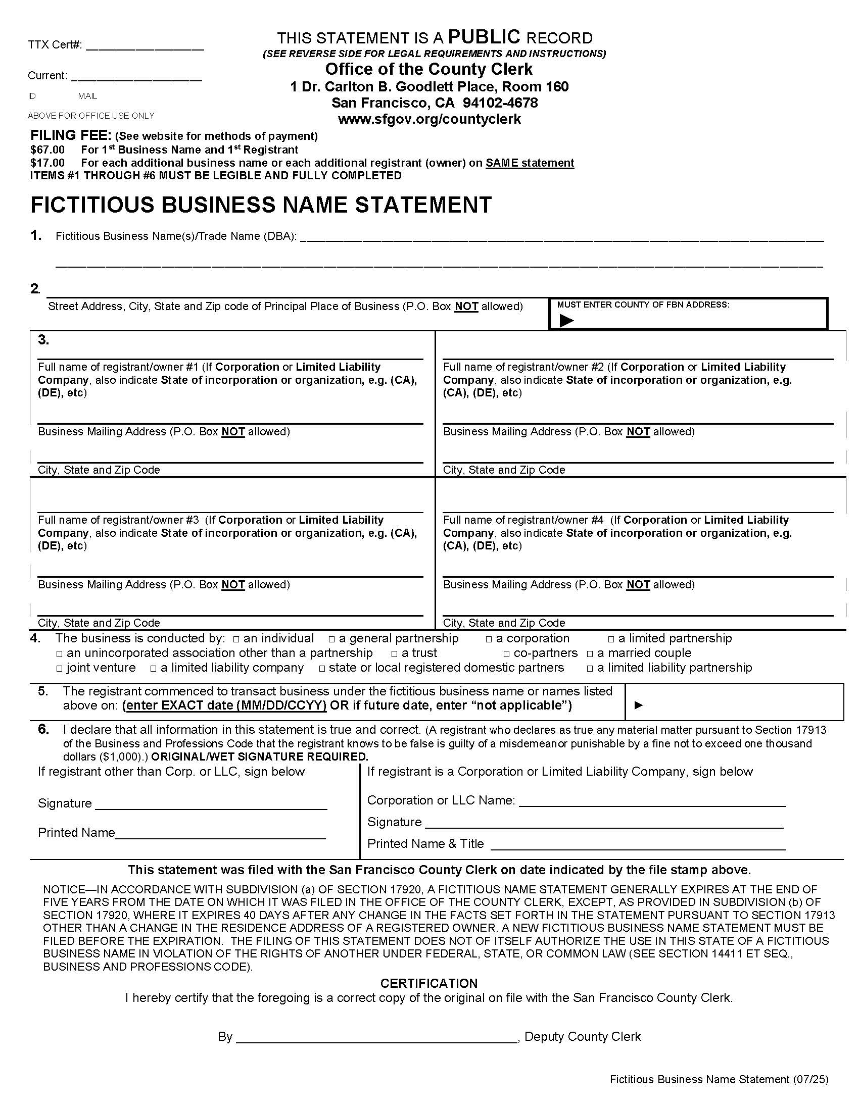 Fictitious Business Name Statement (San Francisco) | Pdf Fpdf Docx | California