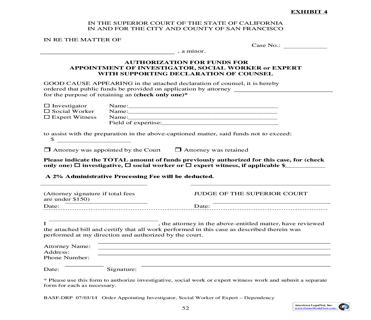 Authorization For Funds For Appointment Of Investigator Social Worker Or Expert | Pdf Fpdf Doc Docx | California