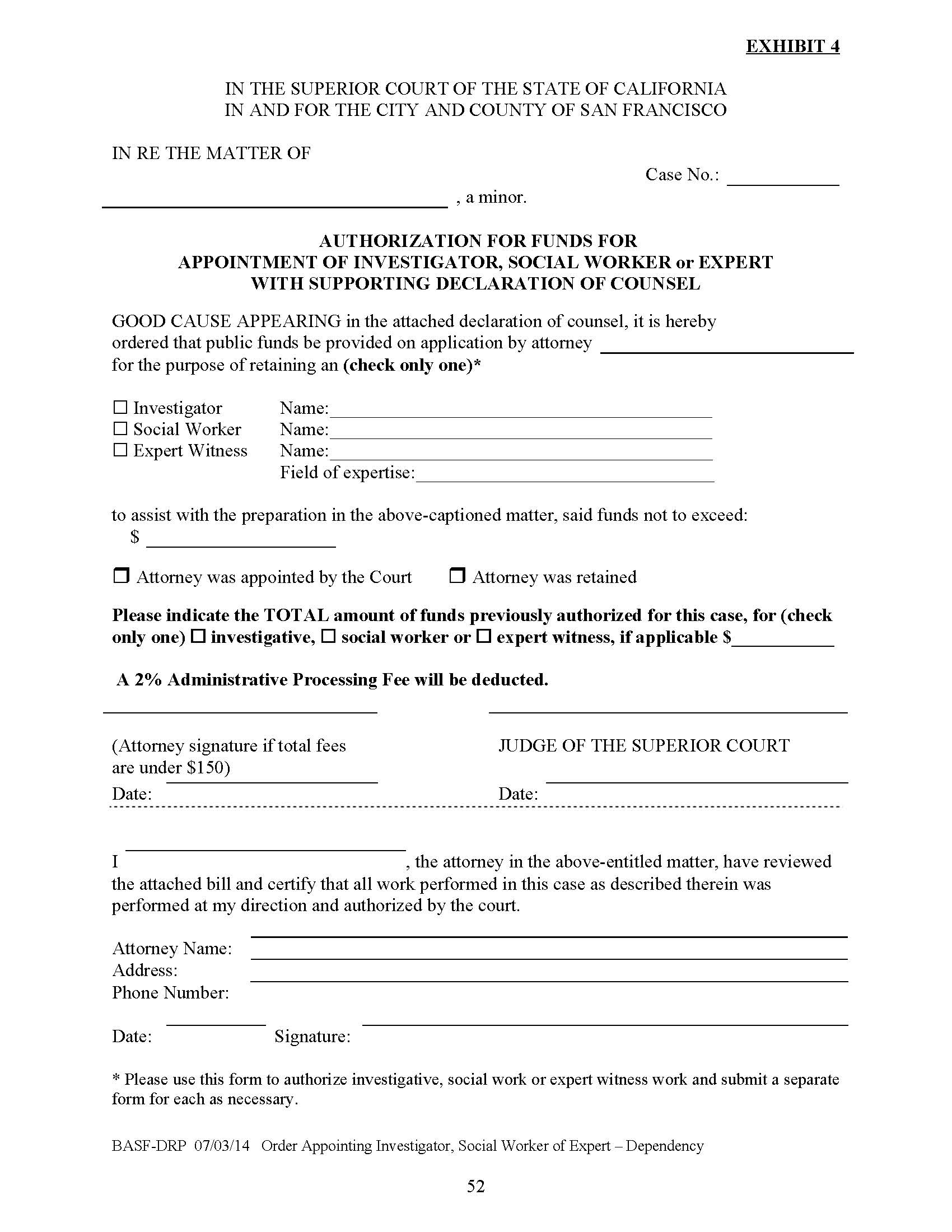 Authorization For Funds For Appointment Of Investigator Social Worker Or Expert | Pdf Fpdf Doc Docx | California