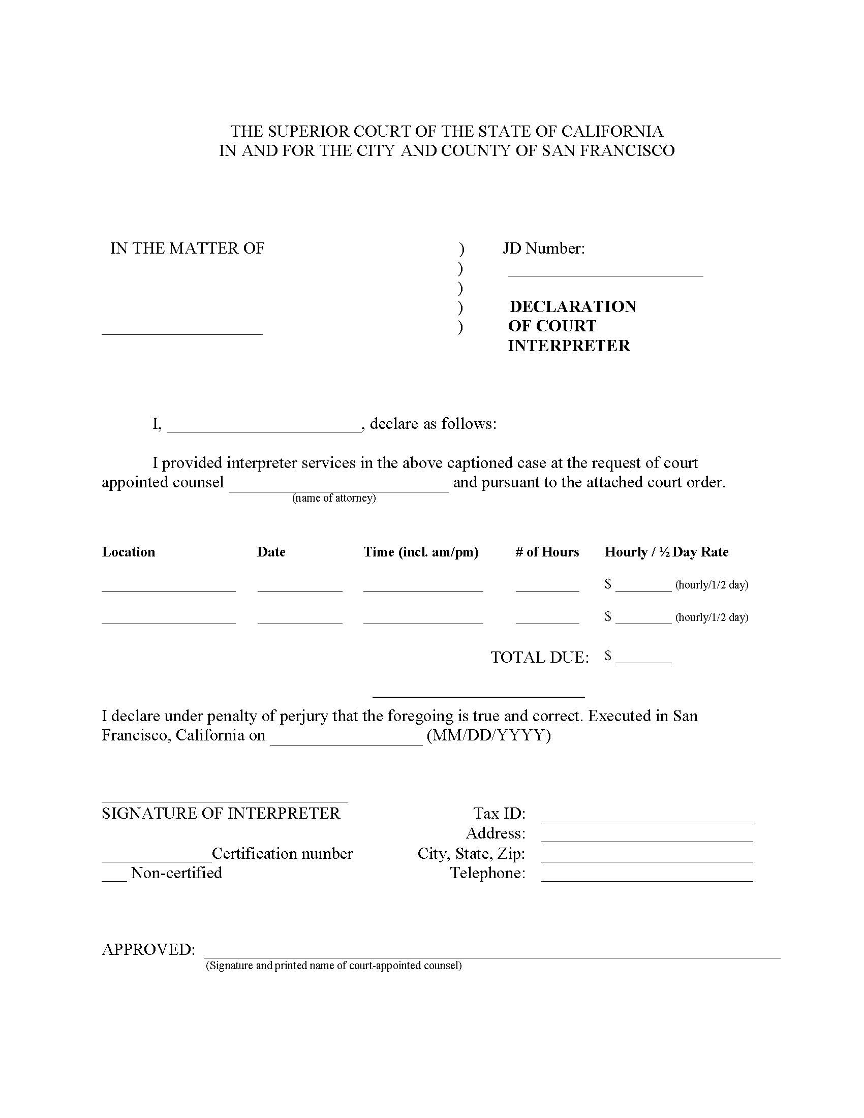 Declaration Of Court Interpreter | Pdf Fpdf Doc Docx | California