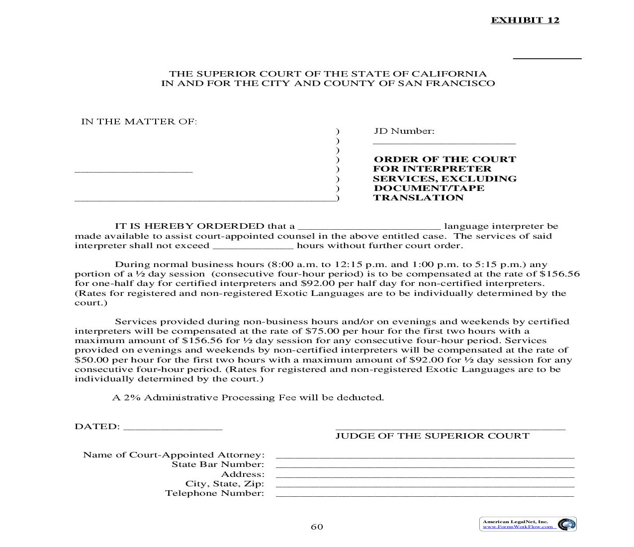 Order Of The Court For Interpreter Services Excluding Document-Tape Translation | Pdf Fpdf Doc Docx | California