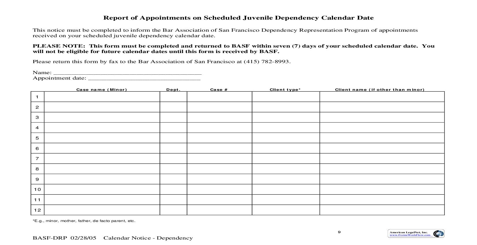 Report Of Appointments On Scheduled Juvenile Dependency Calendar Date | Pdf Fpdf Doc Docx | California