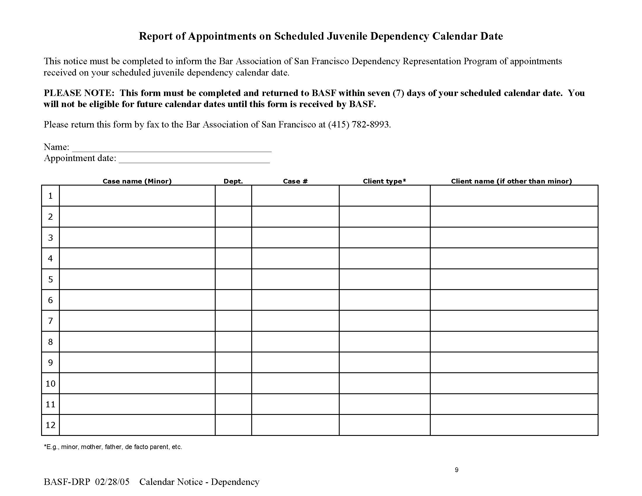 Report Of Appointments On Scheduled Juvenile Dependency Calendar Date | Pdf Fpdf Doc Docx | California