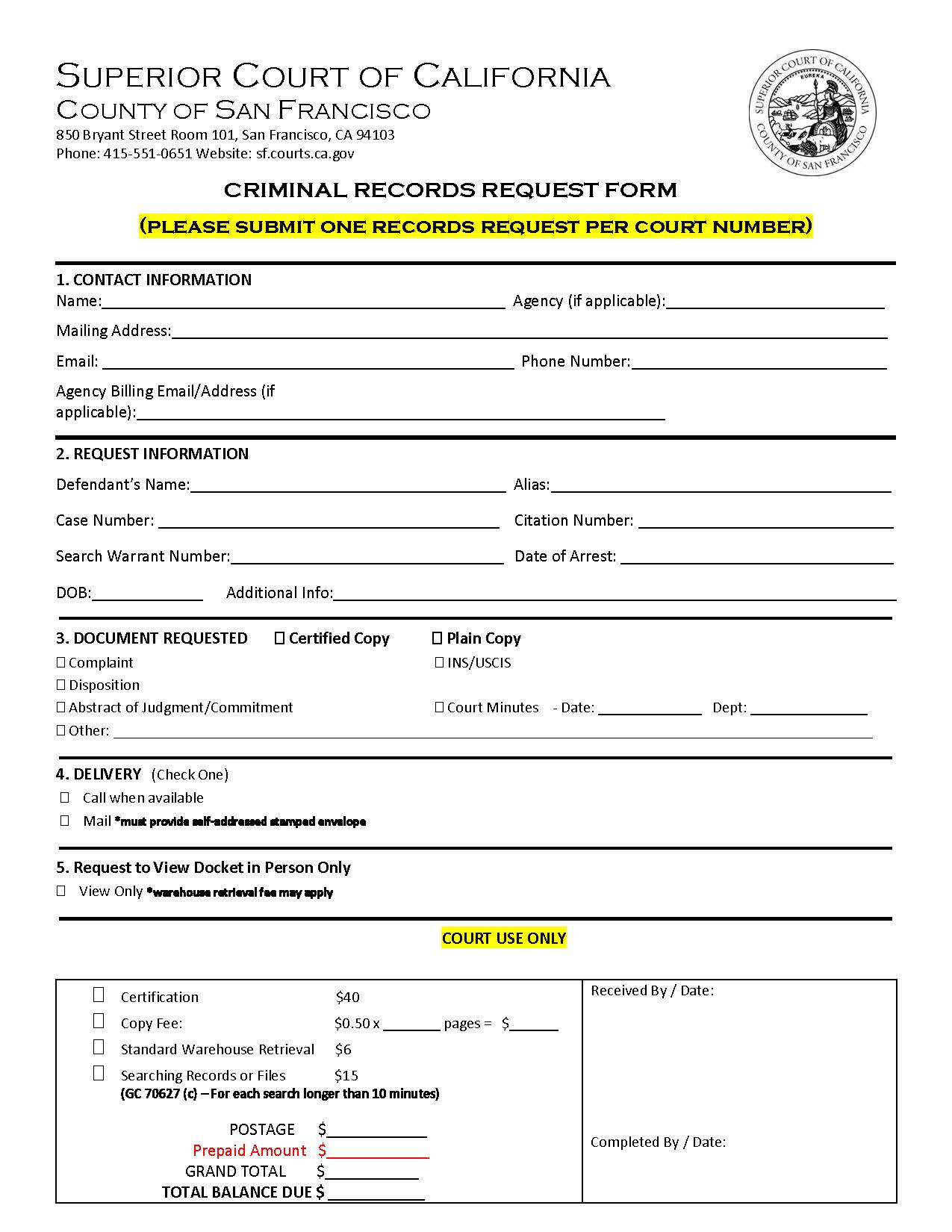 Criminal Records Request Form {SFCR-002} | Pdf Fpdf Doc Docx | California