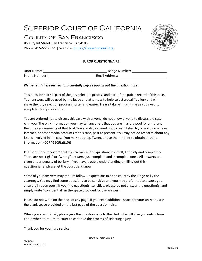Juror Questionnaire {SFCR-001} | Pdf Fpdf Docx | California