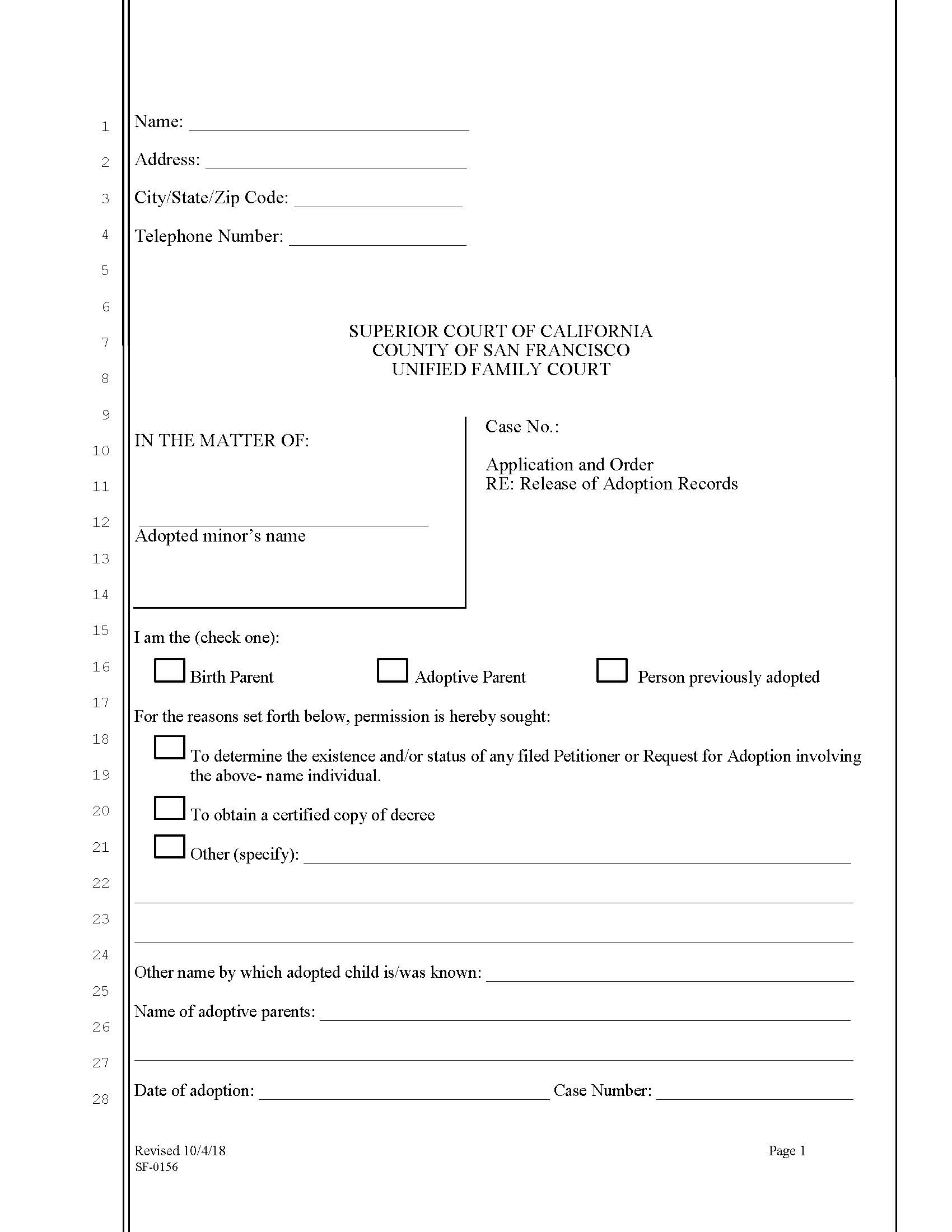 Application And Order Re Release Of Adoption Records {SFUFC-0156} | Pdf Fpdf Doc Docx | California