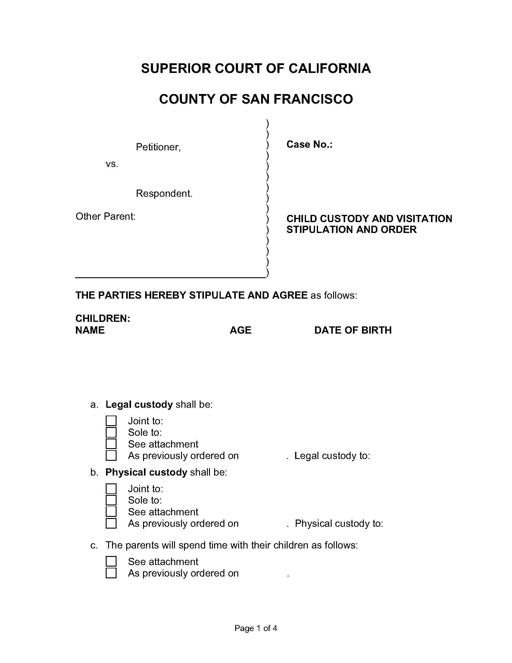 Child Custody And Visitation Stipulation And Order {SFUFC 11.7-B} | Pdf Fpdf Doc Docx | California