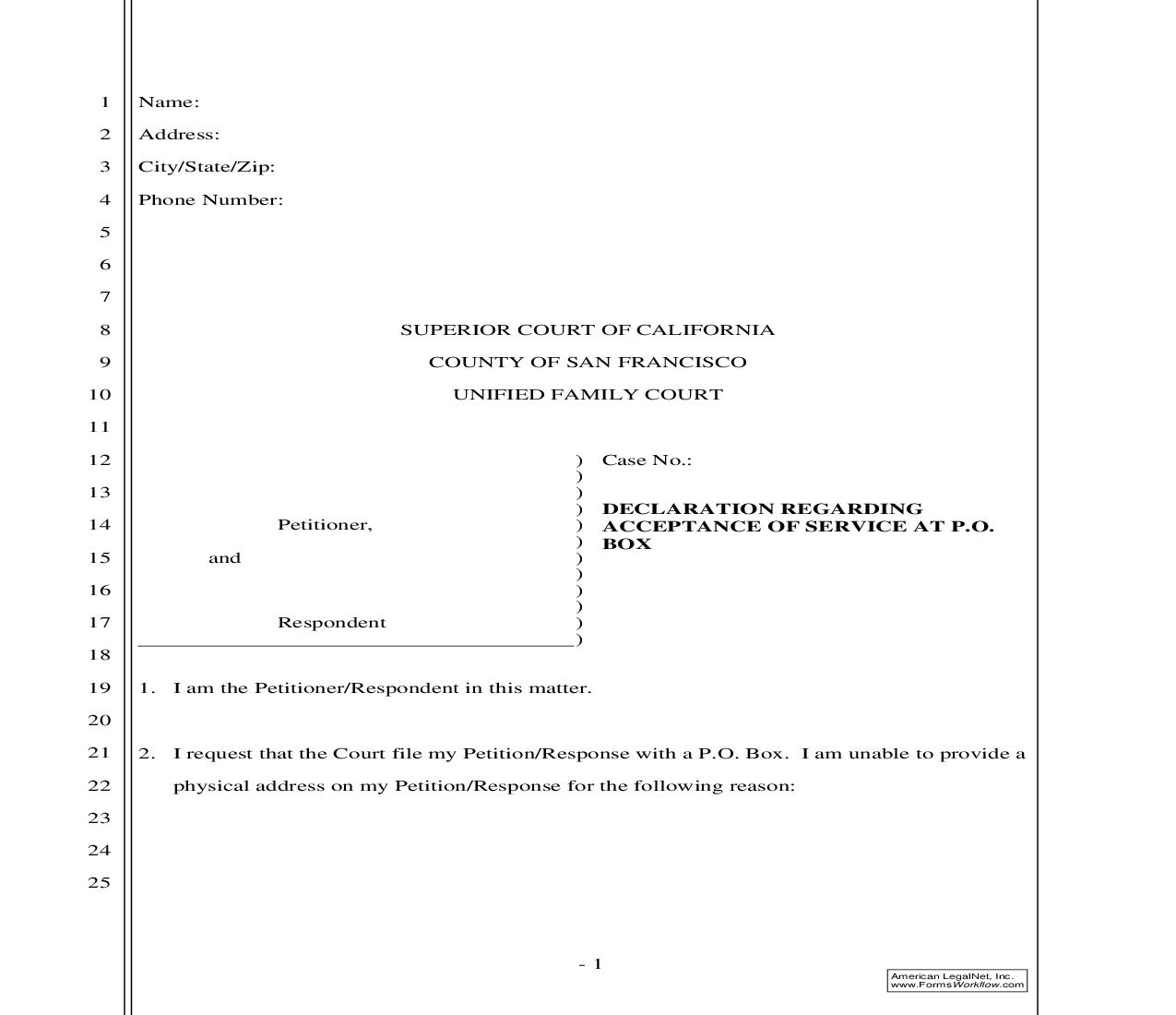Declaration Regarding Acceptance Of Service AT PO Box {SFUFC 11.9-A} | Pdf Fpdf Doc Docx | California