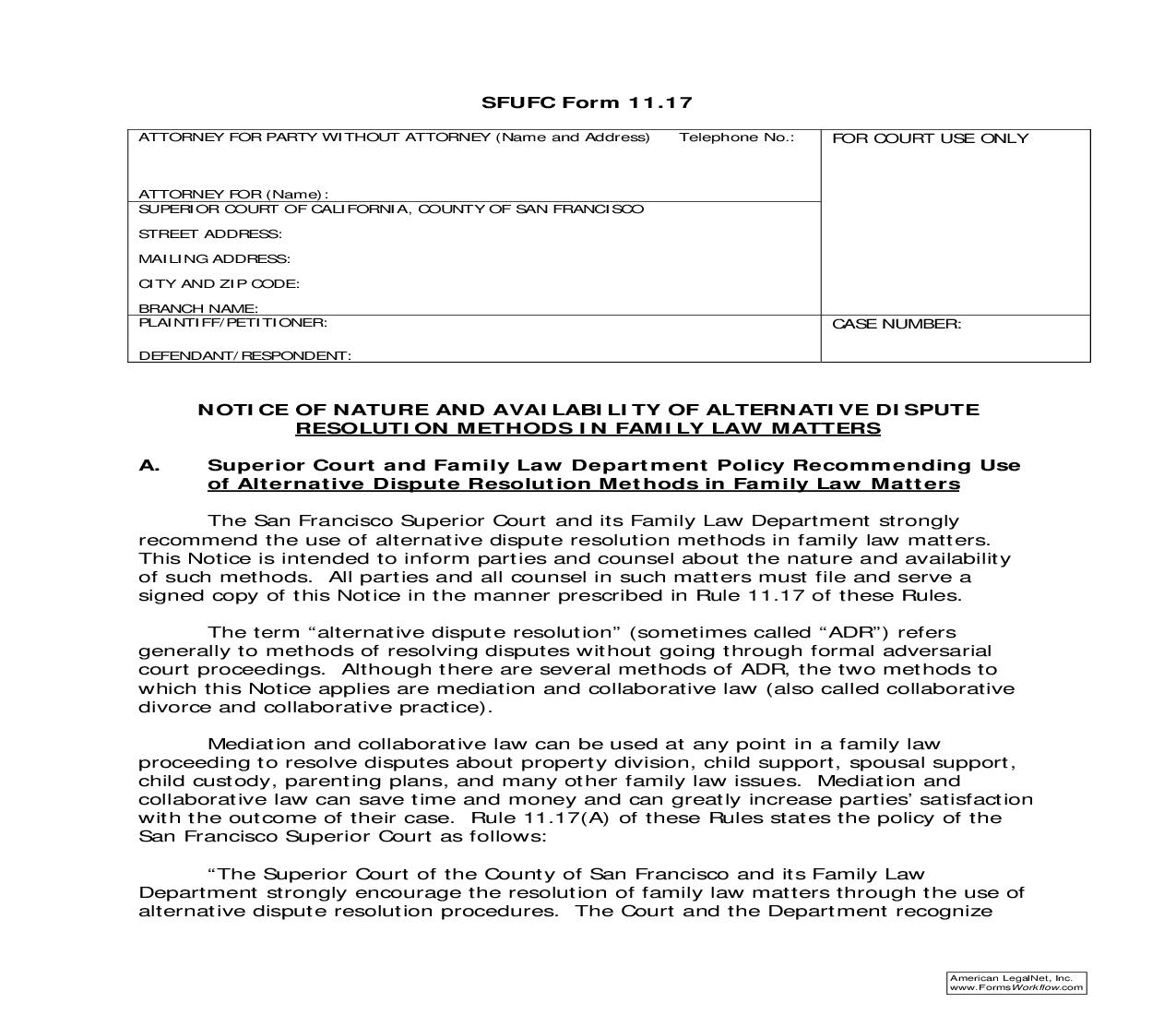 Notice Of Nature And Availability Of Alternative Dispute Resolution Methods {SFUFC 11.17} | Pdf Fpdf Doc Docx | California