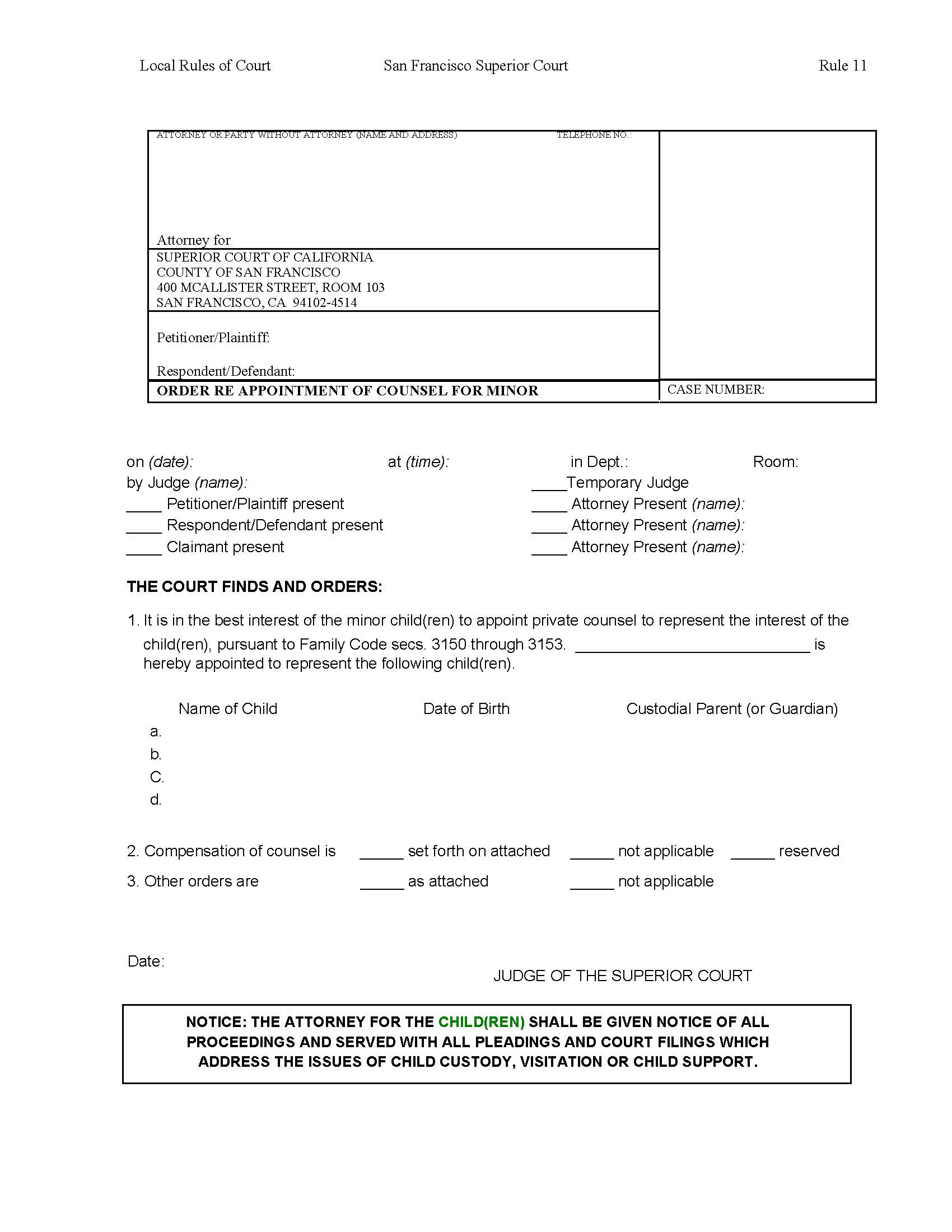 Order Re Appointment Of Counsel For Minor {SFUFC 11.6} | Pdf Fpdf Doc Docx | California
