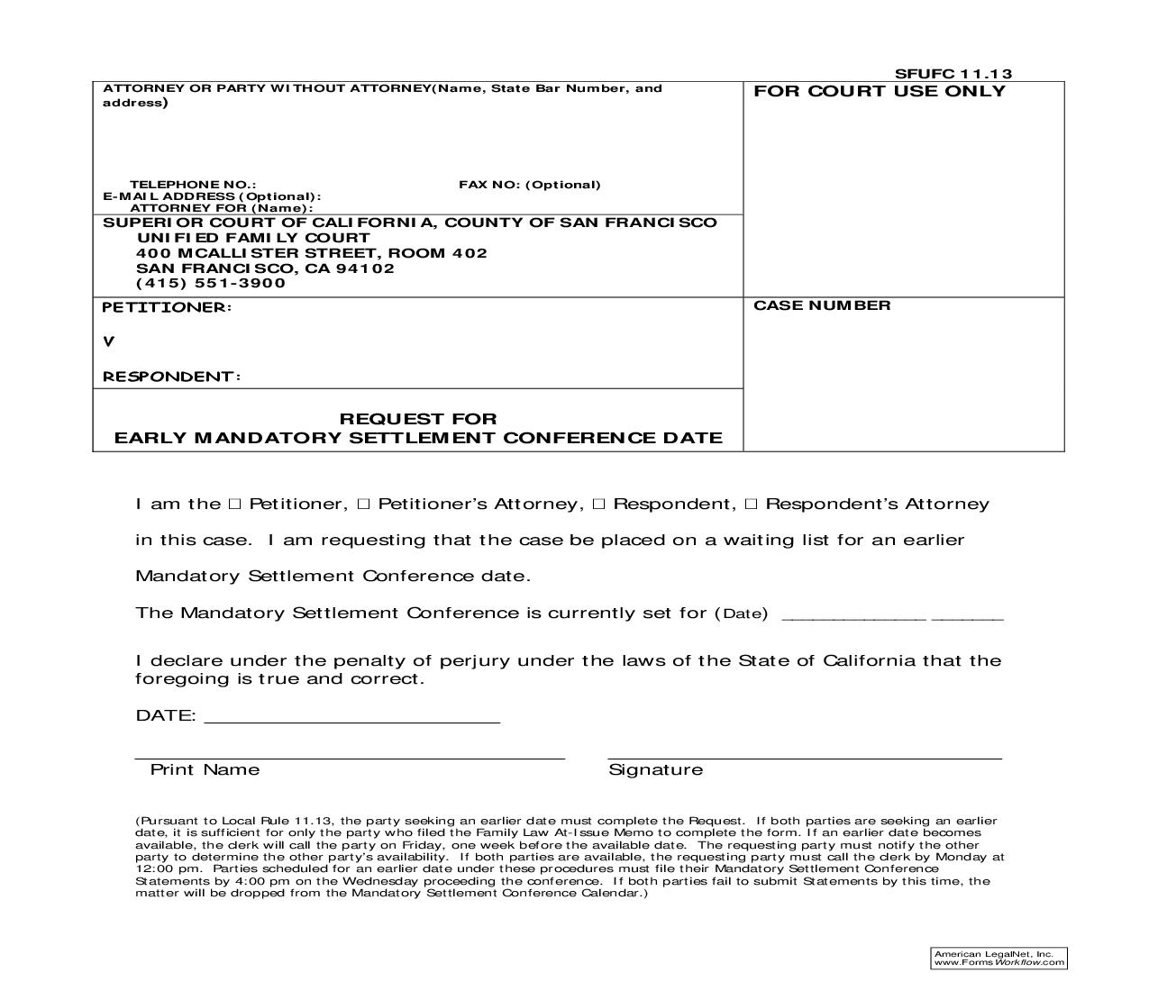 Request For Early Mandatory Settlement Conference Date {SFUFC 11.13} | Pdf Fpdf Doc Docx | California