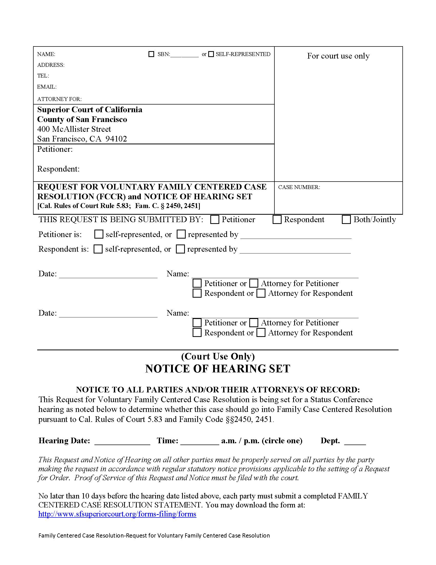 Request For Voluntary Family Centered Case Resolution (FCCR) {SFUFC-11.10-A} | Pdf Fpdf Doc Docx | California
