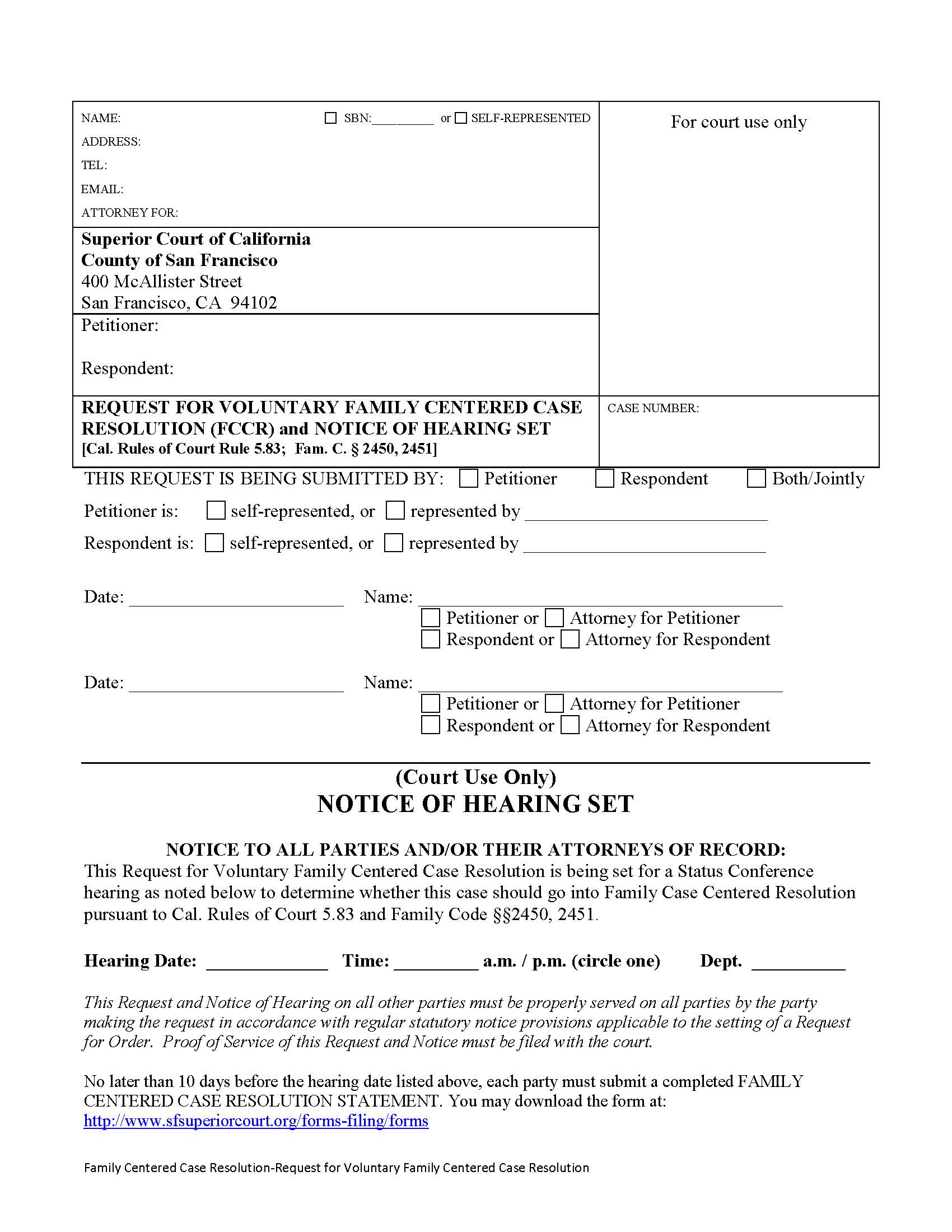 Request For Voluntary Family Centered Case Resolution (FCCR) And Notice {SFUFC 11.10-A} | Pdf Fpdf Doc Docx | California