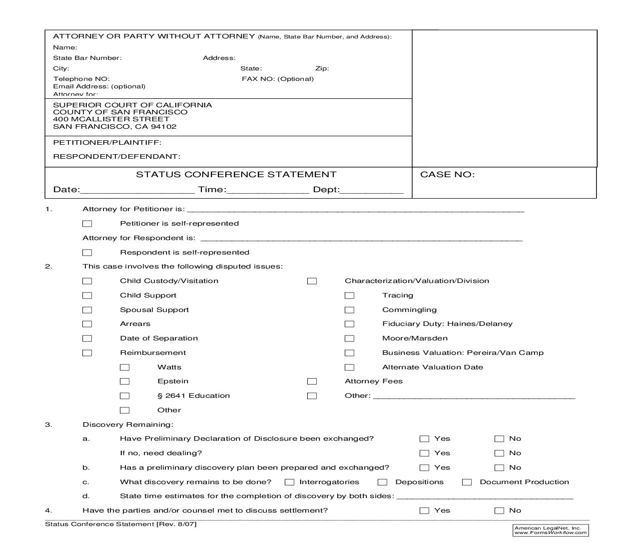 Status Conference Statement (Family Law) {SFUFC 11.12} | Pdf Fpdf Doc Docx | California