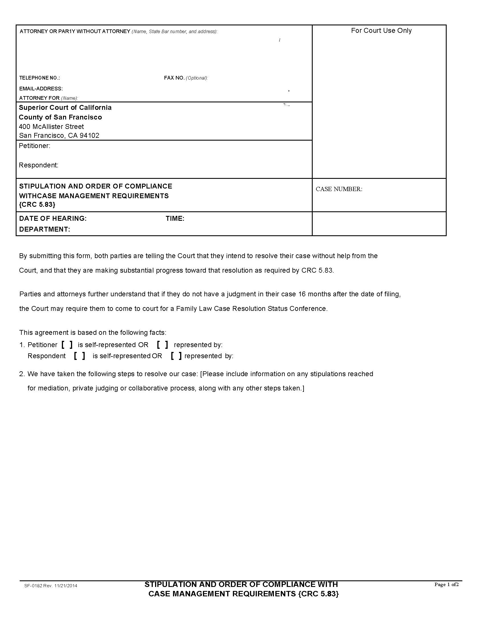 Stipulation And Order Of Compliance With Case Management Requirements {SFUFC-0182} | Pdf Fpdf Doc Docx | California