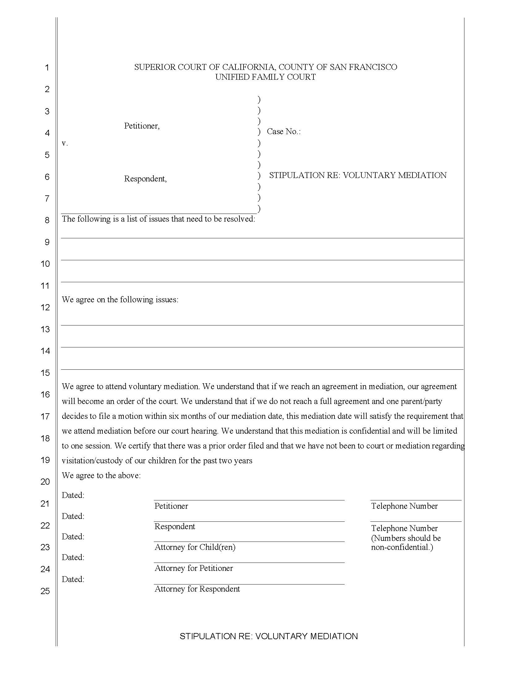 Stipulation Re Voluntary Mediation {SFUFC 11.15-C} | Pdf Fpdf Doc Docx | California