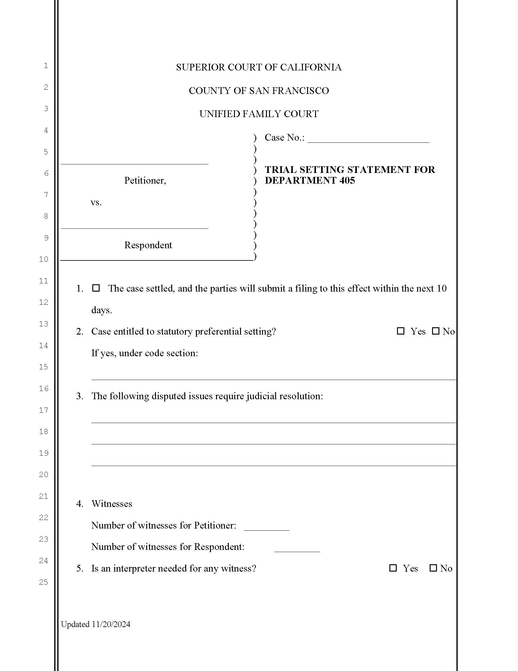Trial Setting Conference Statement {SFUFC-11.10-E} | Pdf Fpdf Docx | California